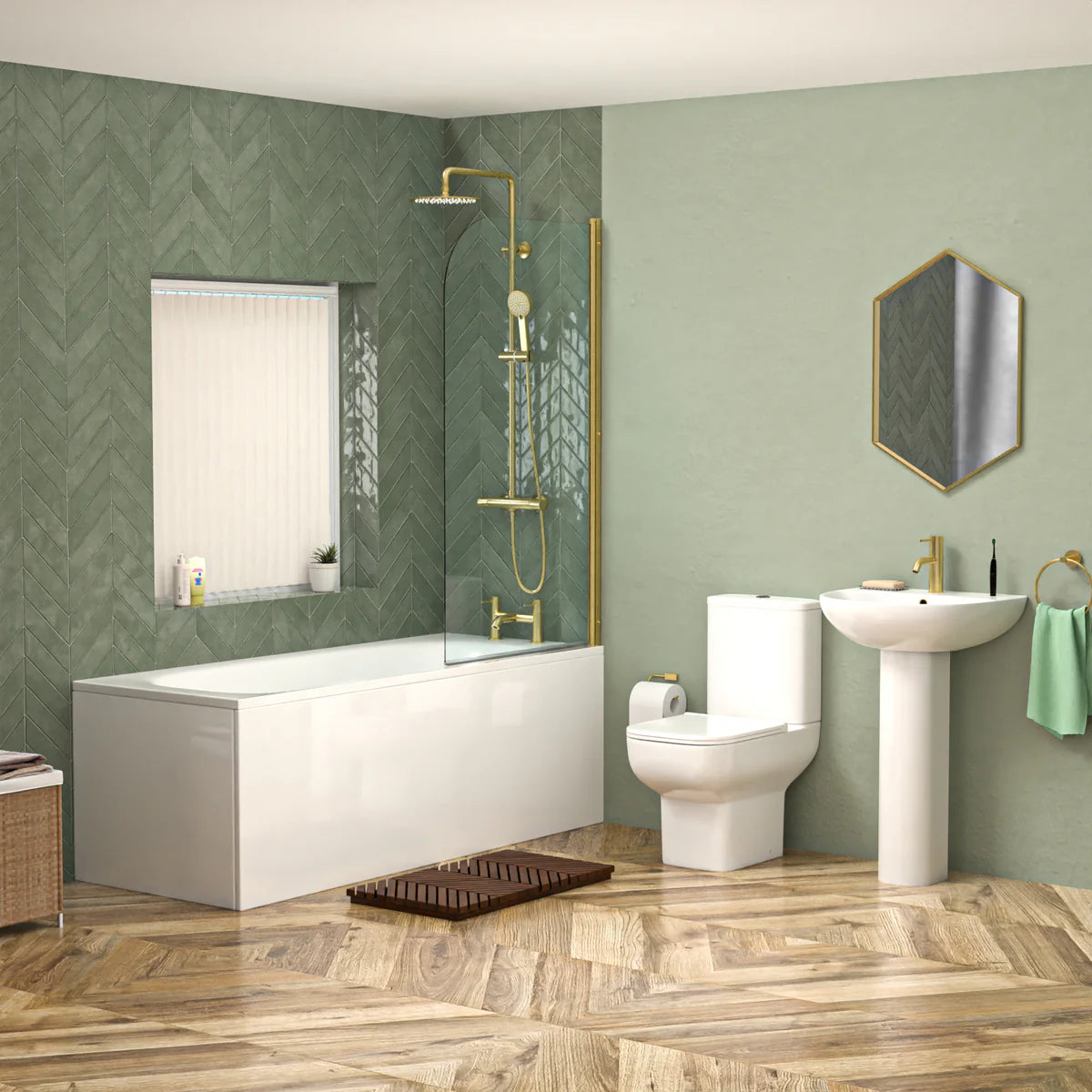 Cassis 1700mm Complete Bathroom Suite with Shower Bath & Brushed Brass Taps Set