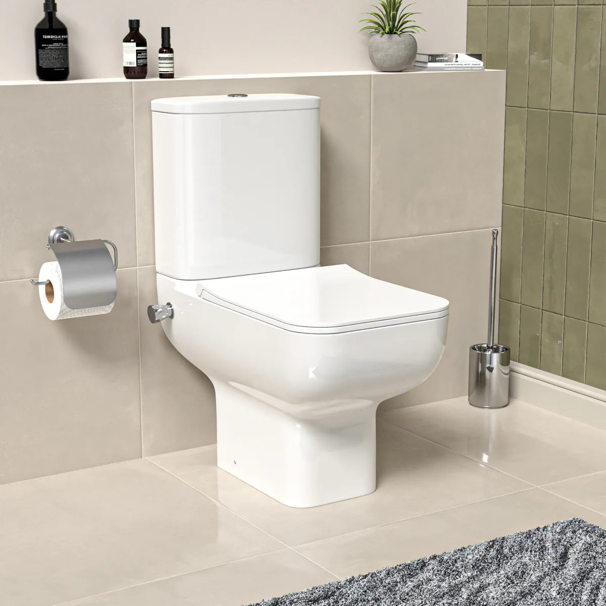 Square Rimless Close Coupled Toilet Pan with Integrated Bidet