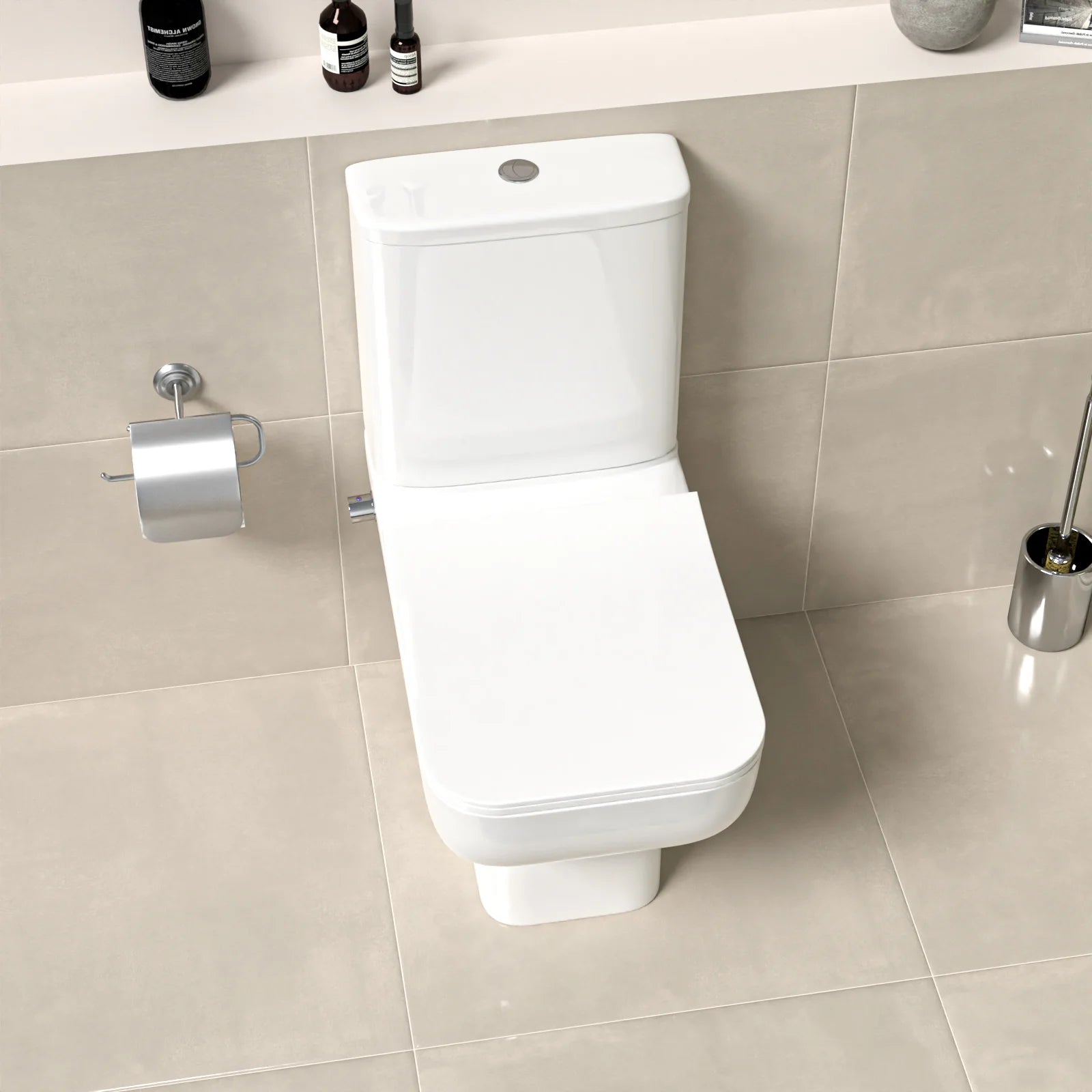 Square Rimless Close Coupled Toilet Pan with Integrated Hot Cold Bidet