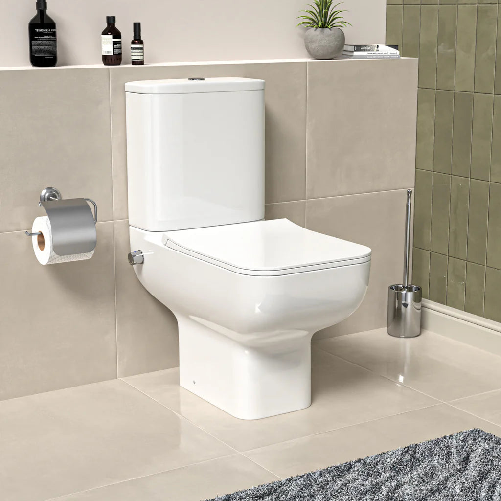 Square Rimless Close Coupled Toilet Pan with Integrated Hot Cold Bidet