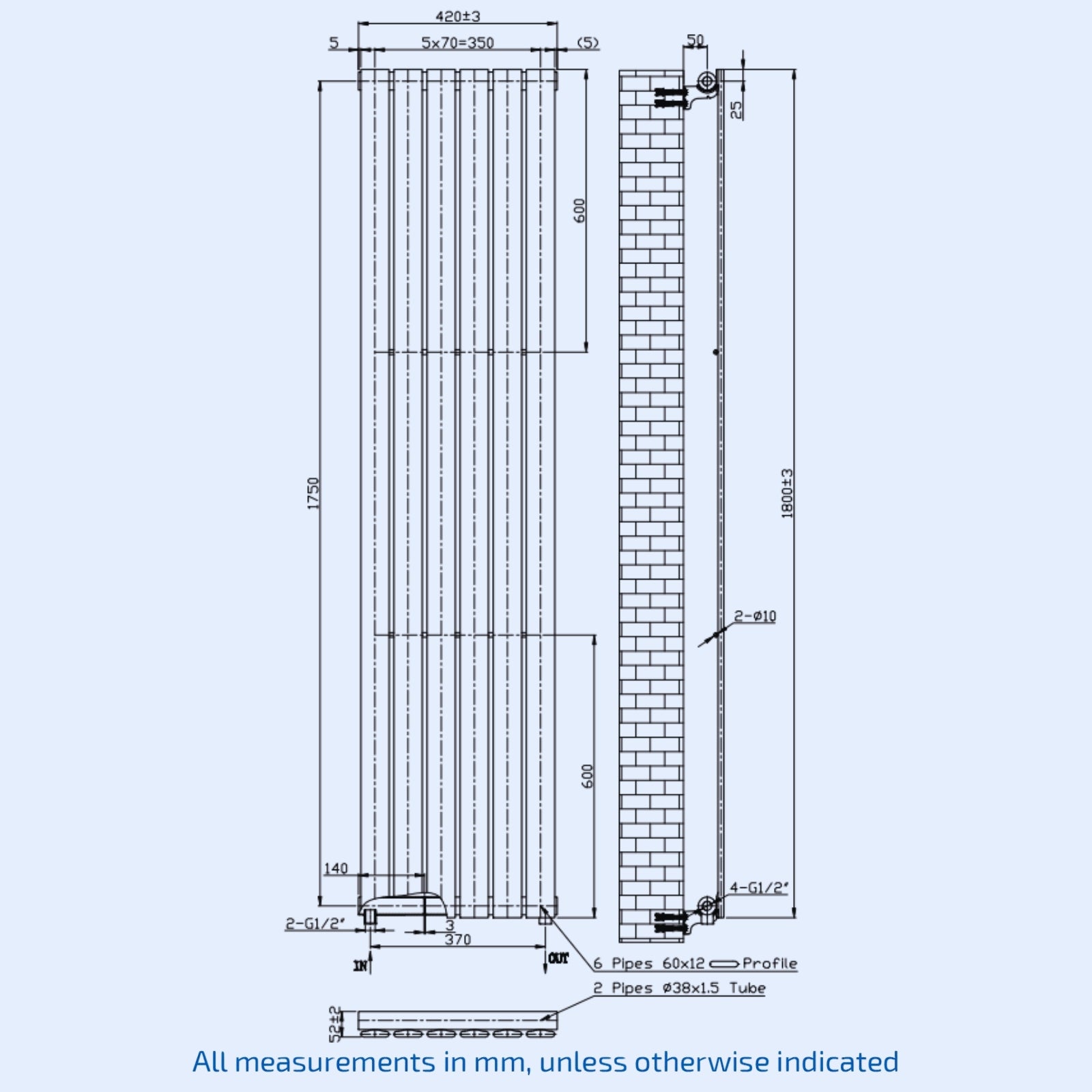 Kartell Boston 1800mm H  x 420mm W Anthracite Textured Grey Vertical Designer Radiator - BOS1800-410A