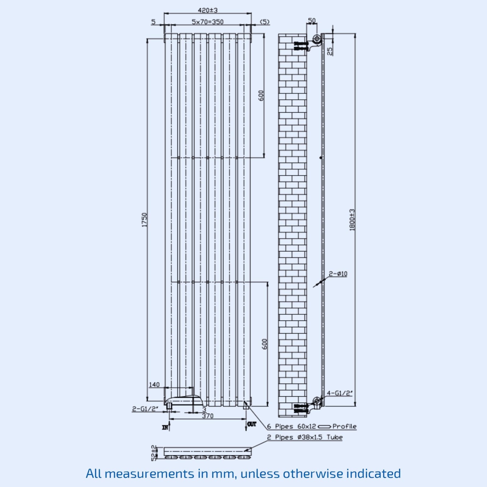 Kartell Boston Double 1800mm H x 420mm W Textured Grey Vertical Designer Radiator - BOS1800-410DA