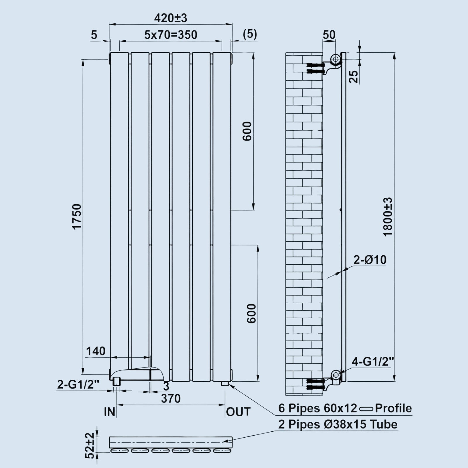 Kartell Boston 1800mm H x 420mm W White Wall Mounted Vertical Designer Radiator - BOS1800-410W