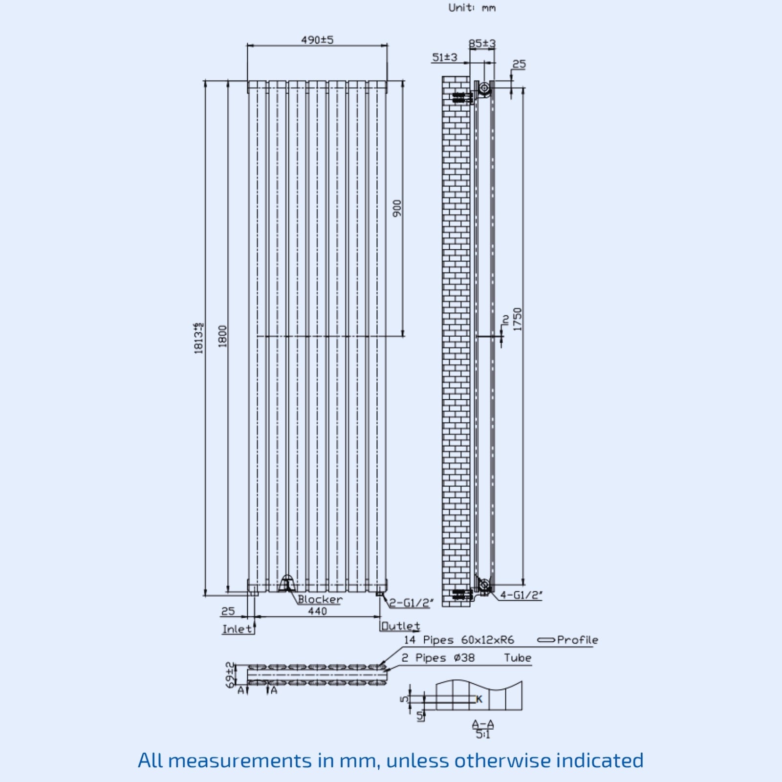 Kartell Boston Double 1800mm H x 490mm W Textured Grey Vertical Designer Radiator BOS1800-480DA