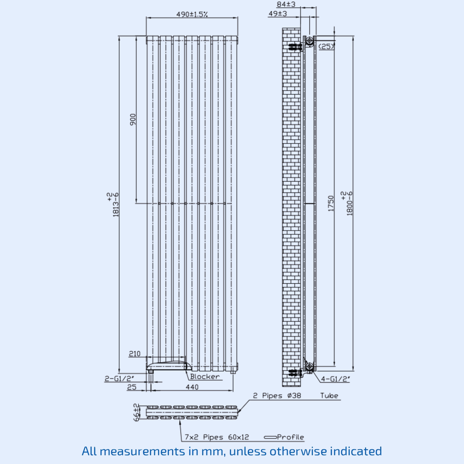 Kartell Boston Double 1800mm H x 490mm W White Vertical Designer Radiator - BOS1800-480DW