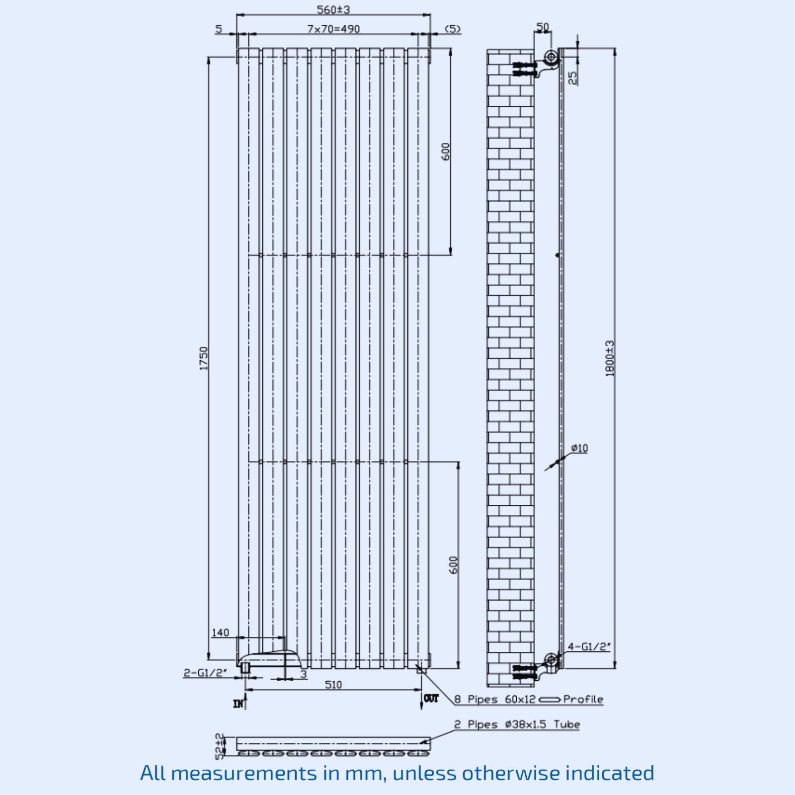 Kartell Boston 1800mm H x 560mm W Anthracite Vertical Designer Radiator - BOS1800-550A