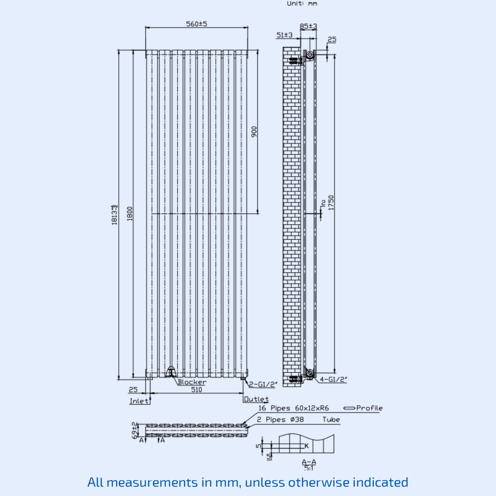 Kartell Boston Double 1800mm H x 560mm W Anthracite Vertical Designer Radiator - BOS1800-550DA