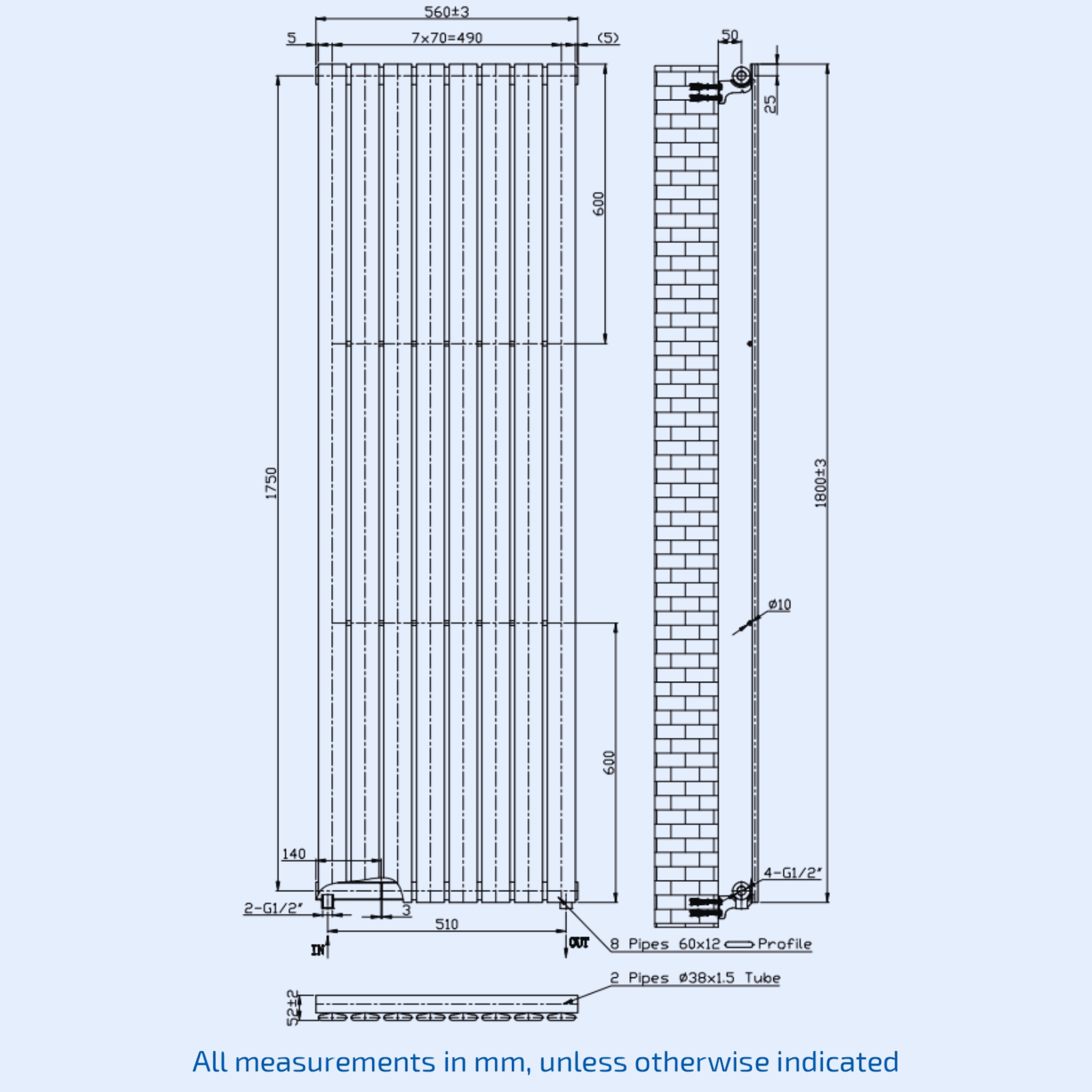 Kartell Boston Design Radiator 1800mm H x 560mm W White Vertical Designer Radiator - BOS1800-550W