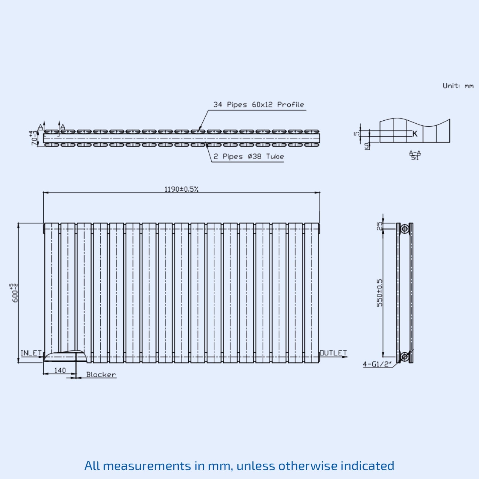 Kartell Boston Double 600mm H x 1190mm W Textured Grey Horizontal Designer Radiator -BOS60-119DA