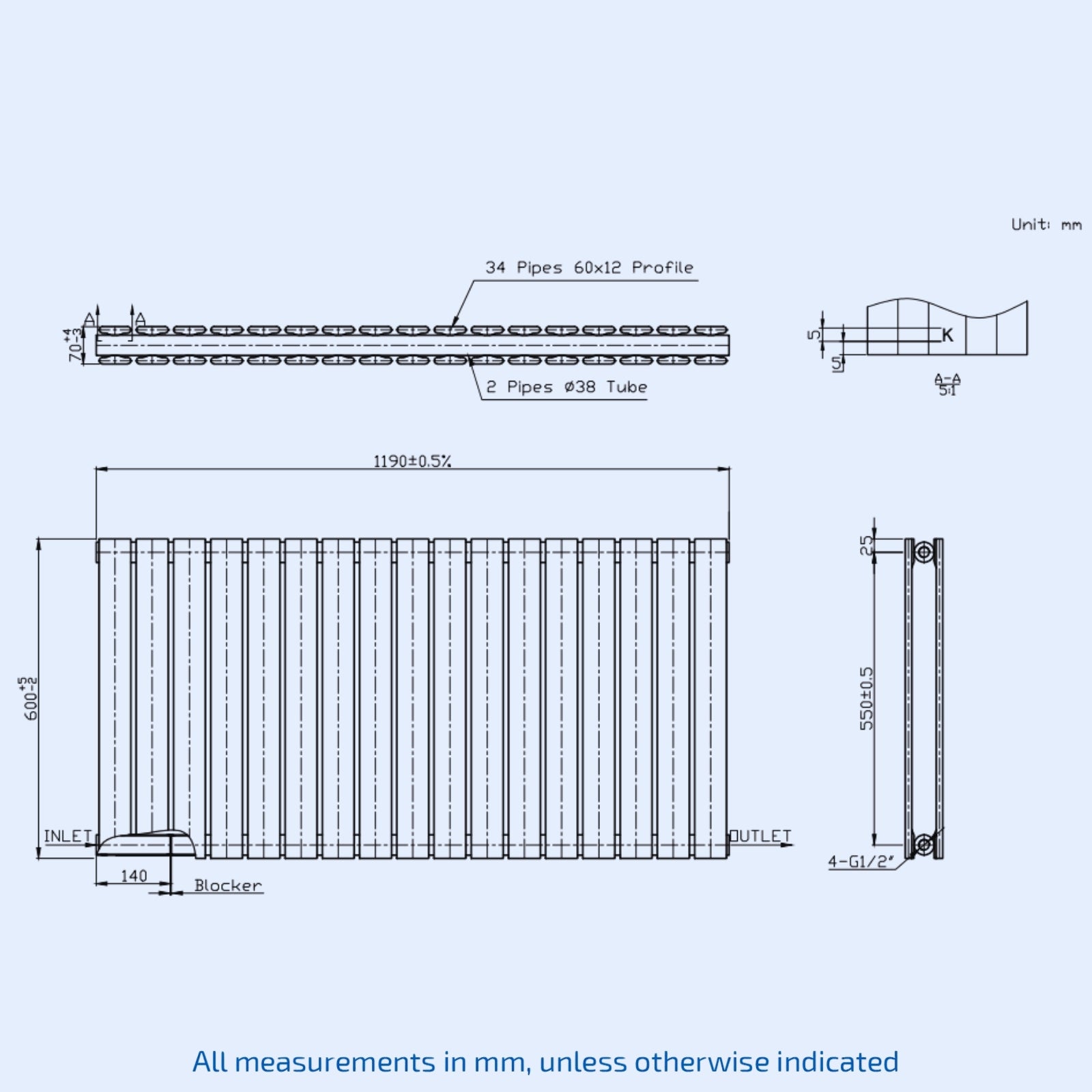 Kartell Boston Double 600mm H x 1190mm W White Horizontal Designer Radiator - BOS60-119DW