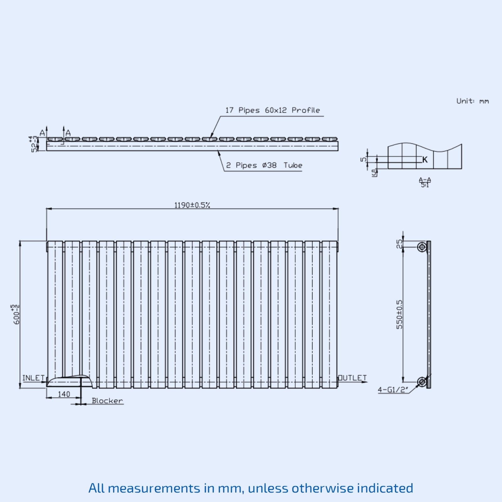 Kartell Boston Single 600mm H x 1190mm W Textured Grey Horizontal Designer Radiator - BOS60-119SA