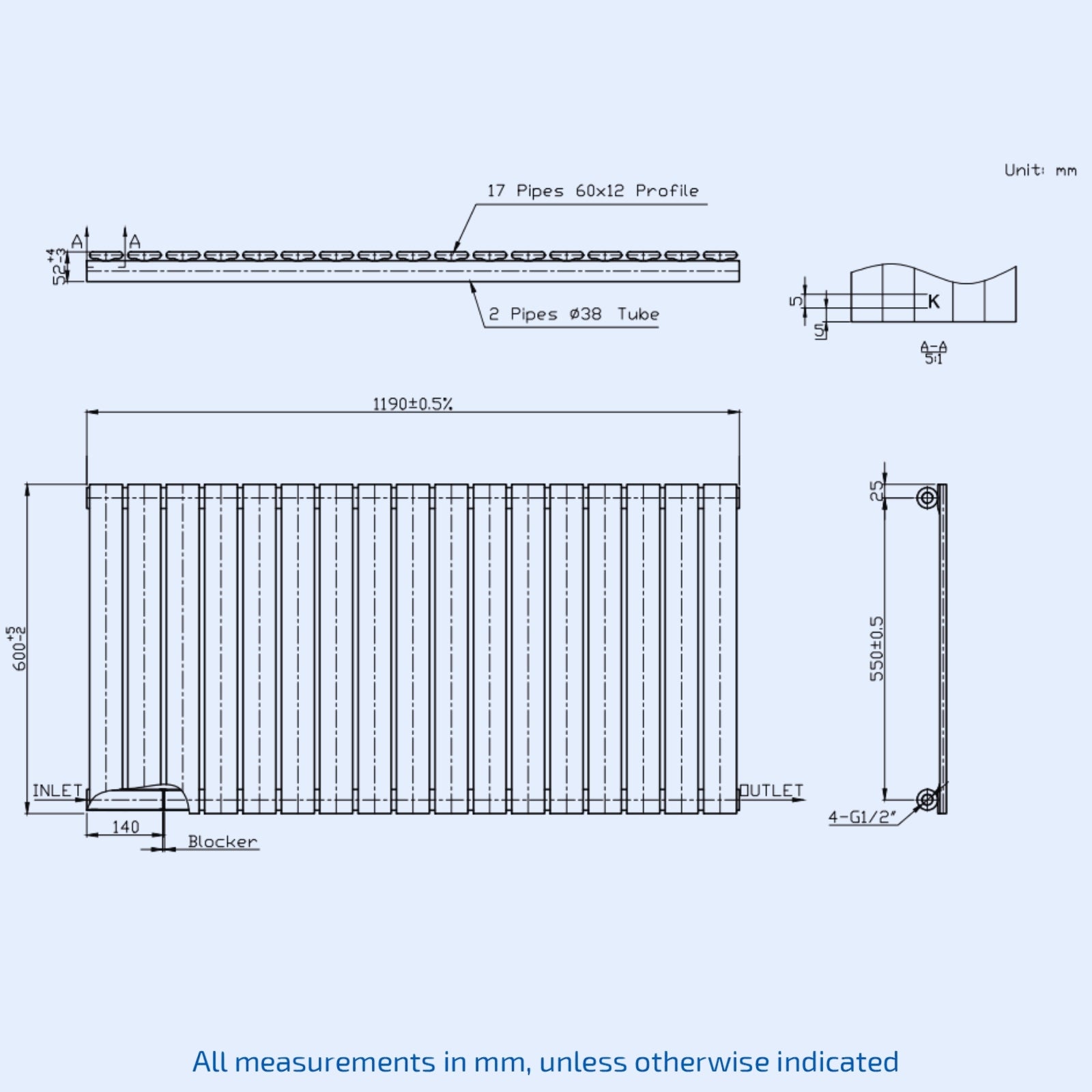 Kartell Boston Single 600mm H x 1190mm W White Horizontal Designer Radiator - BOS60-119SW
