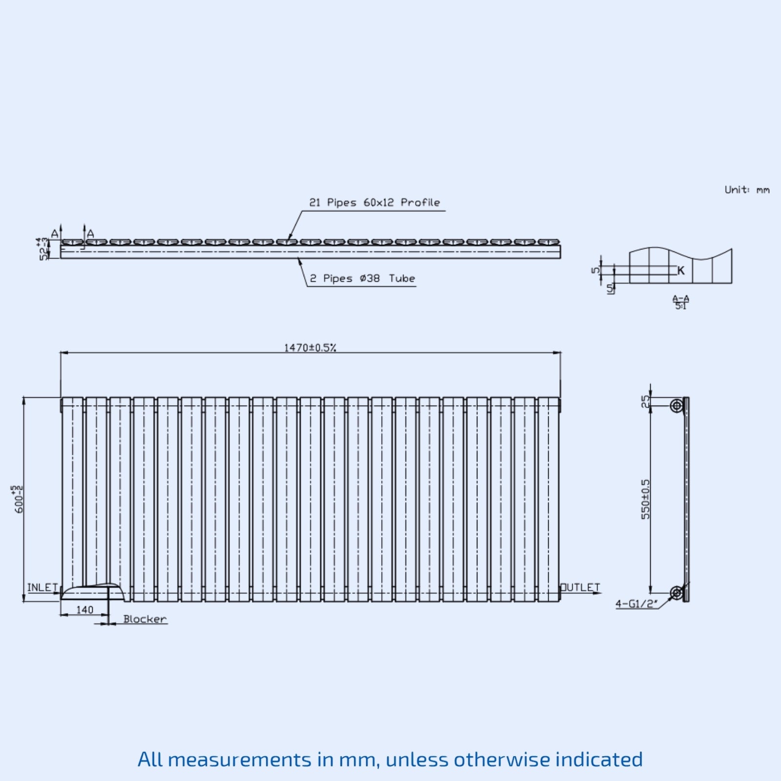 Kartell Boston Single 600mm H x 1470mm W Textured Grey Horizontal Designer Radiator - BOS60-147SA