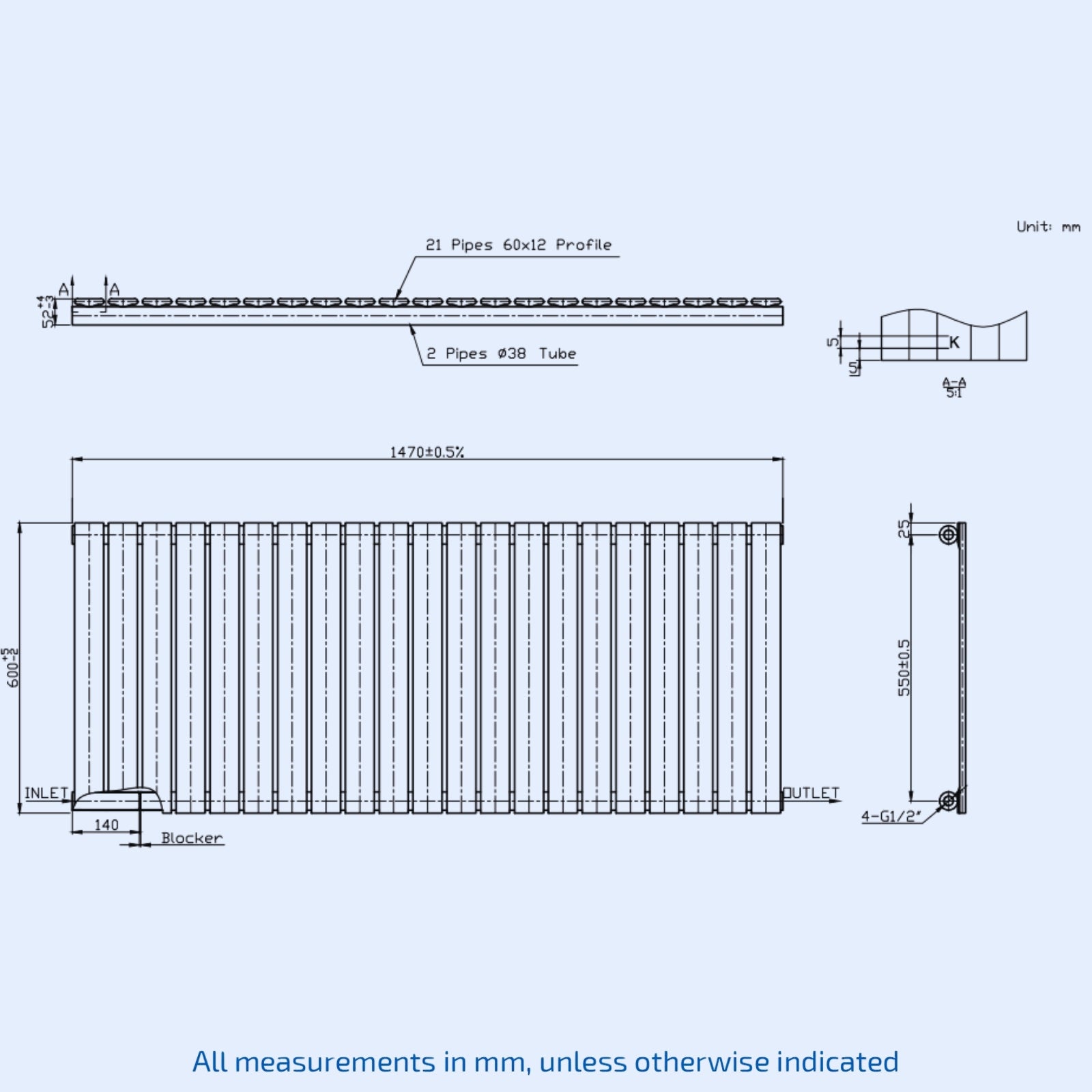 Kartell Boston Single 600mm H x 1470mm W White Horizontal Designer Radiator - BOS60-147SW