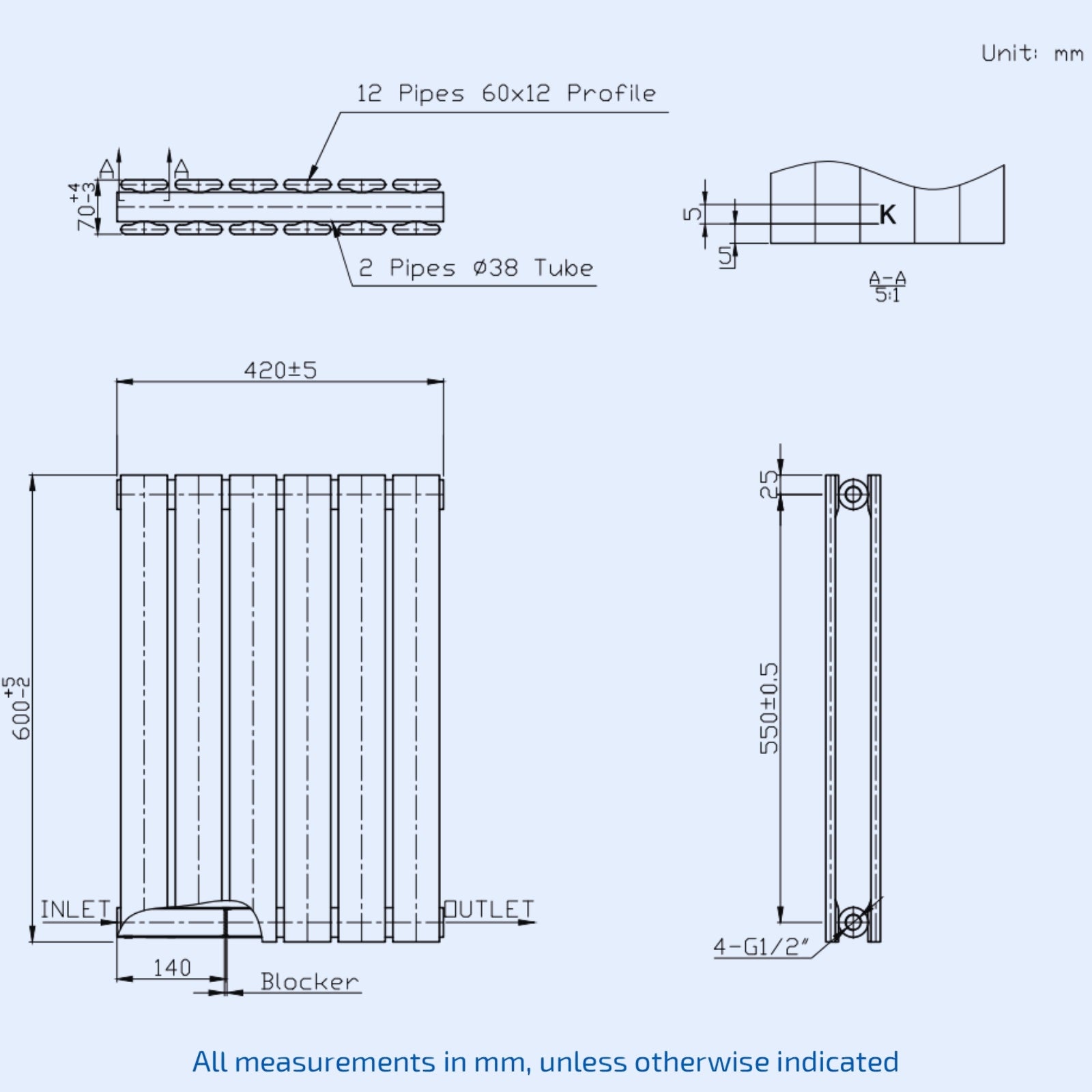 Kartell Boston Double 600mm H x 420mm W Textured Grey Horizontal Designer Radiator -BOS60-42DA