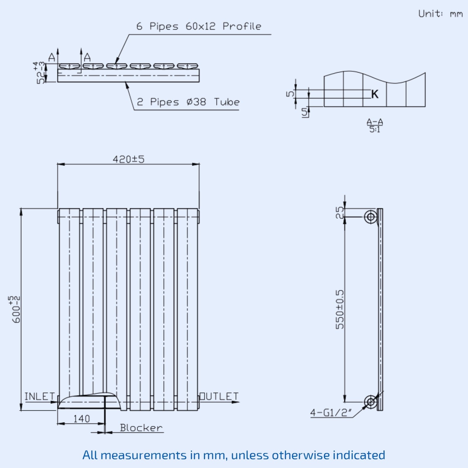 Kartell Boston Single 600mm H x 420mm W Textured Grey Horizontal Designer Radiator - BOS60-42SA