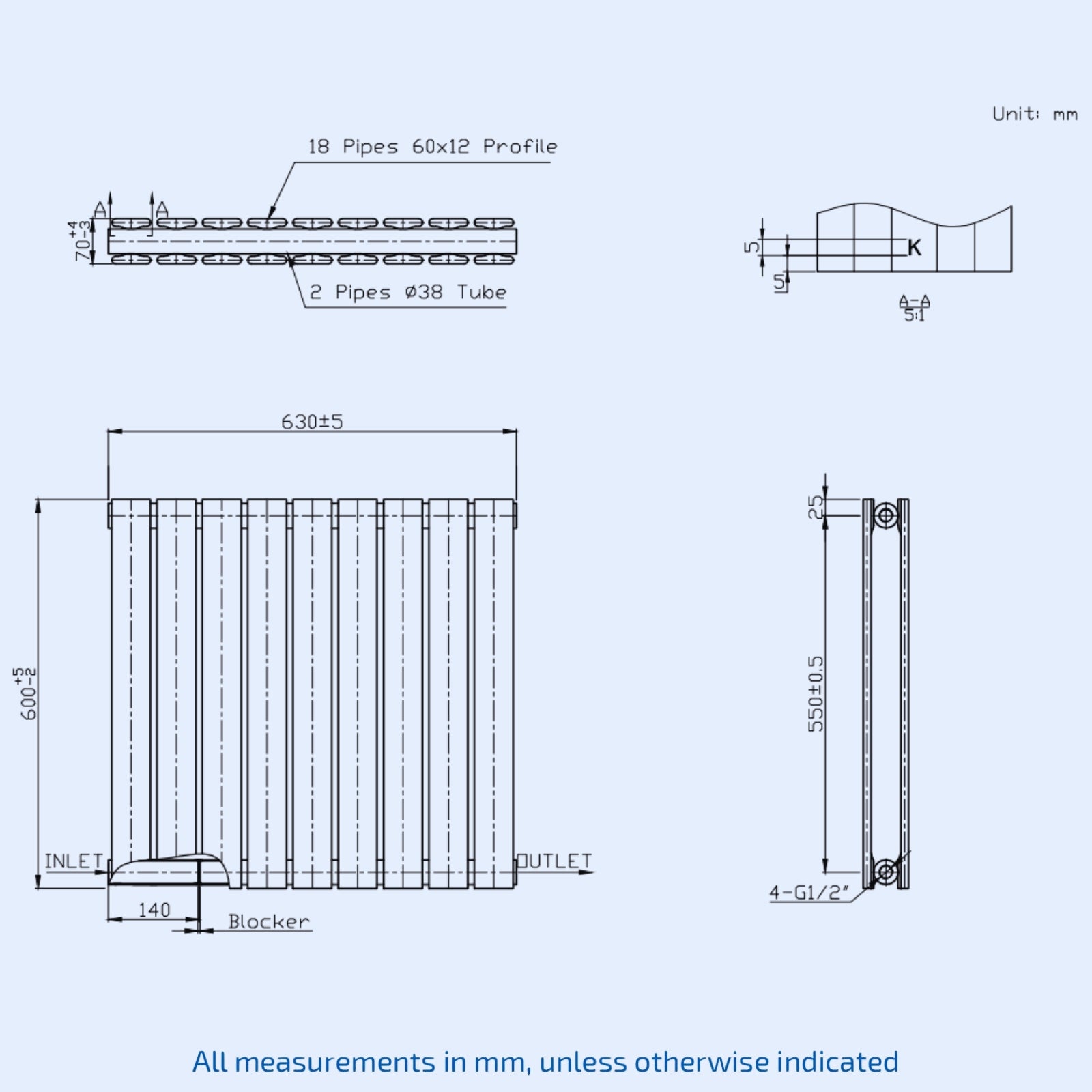 Kartell Boston Double 600mm H x 630mm W Textured Grey Horizontal Designer Radiator - BOS60-63DA