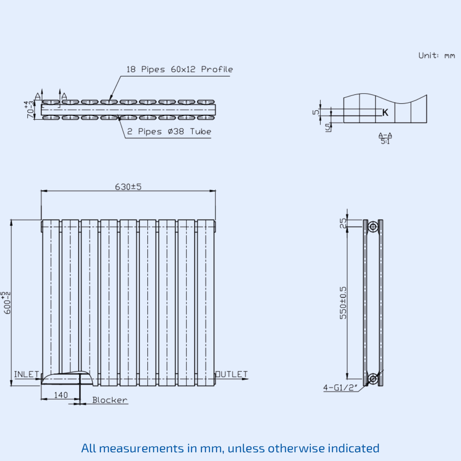 Kartell Boston Double 600mm H x 630mm W White Horizontal Designer Radiator - BOS60-63DW
