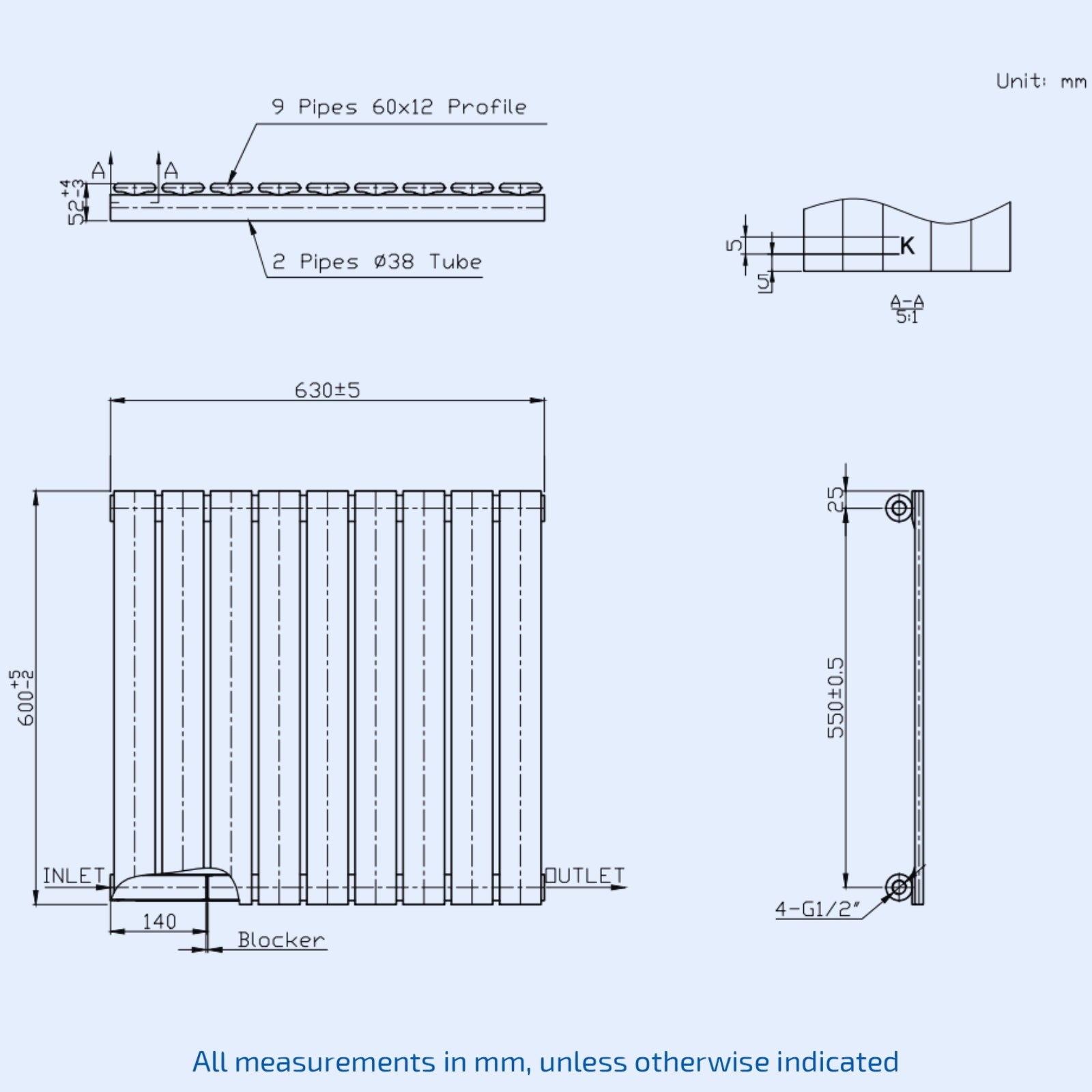 Kartell Boston Single 600mm H x 630mm W White Horizontal Designer Radiator - BOS60-63SW