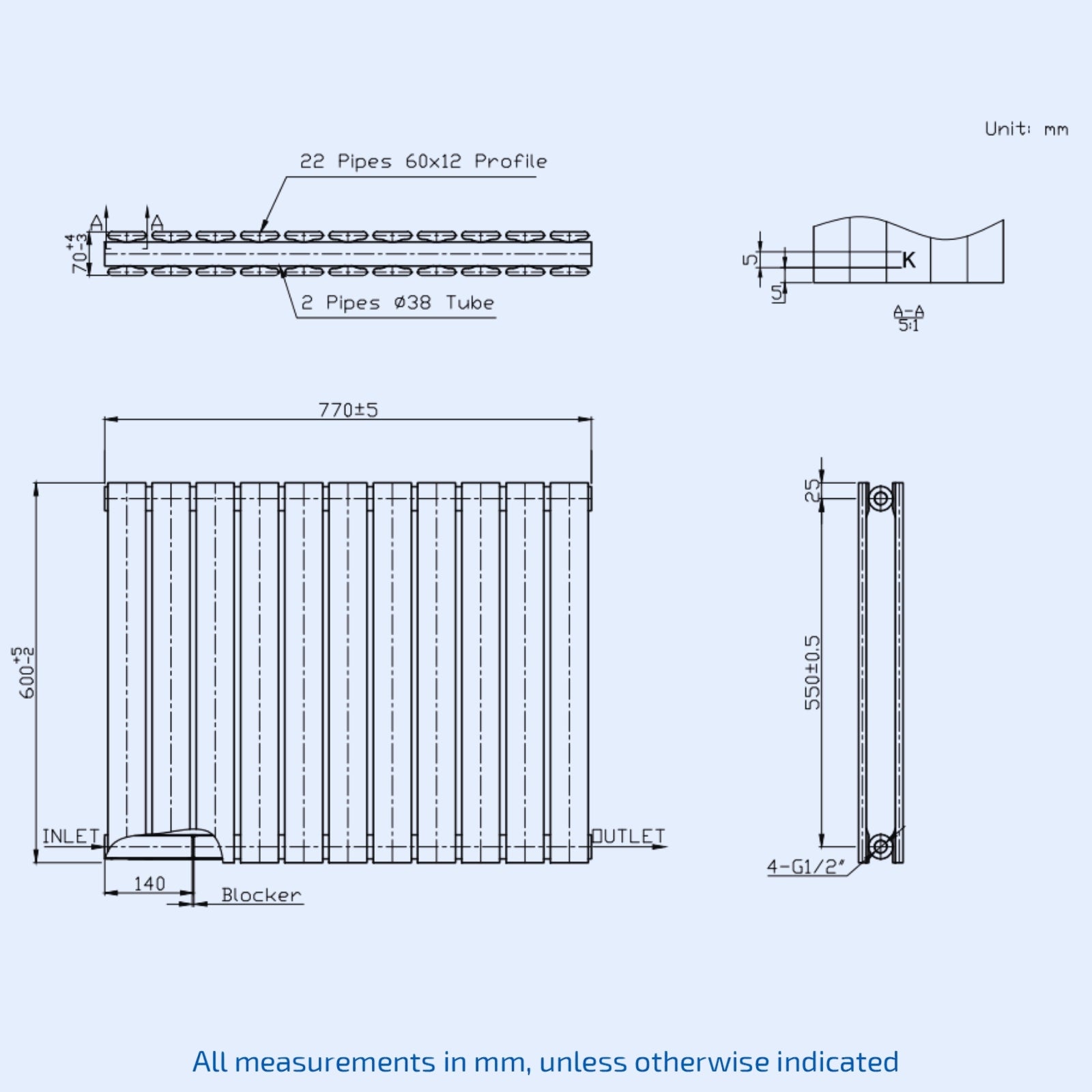 Kartell Boston Double 600mm H x 770mm W Textured Grey Horizontal Designer Radiator - BOS60-77DA