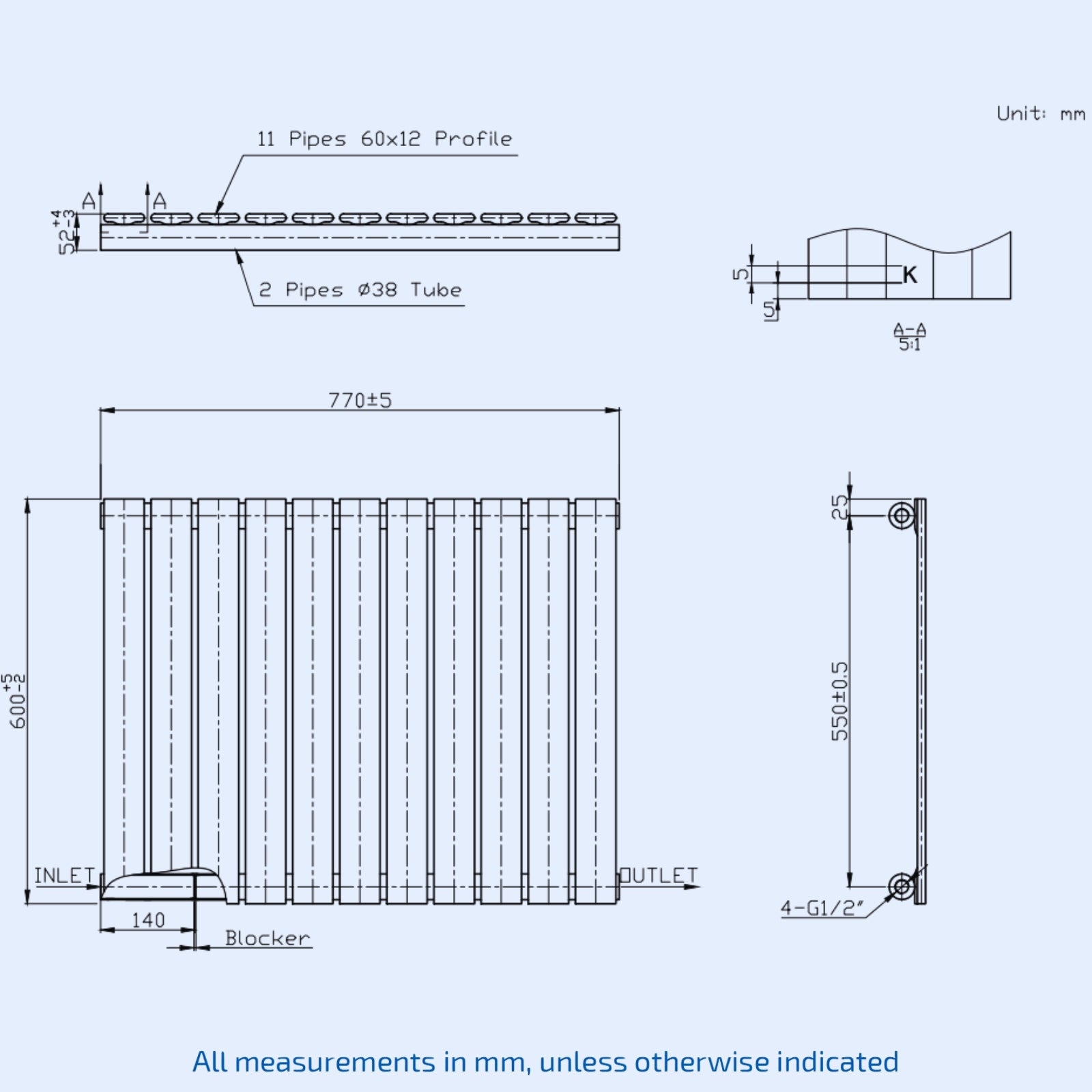 Kartell Boston Single 600mm H x 770mm W Textured Grey Horizontal Designer Radiator - BOS60-77SA