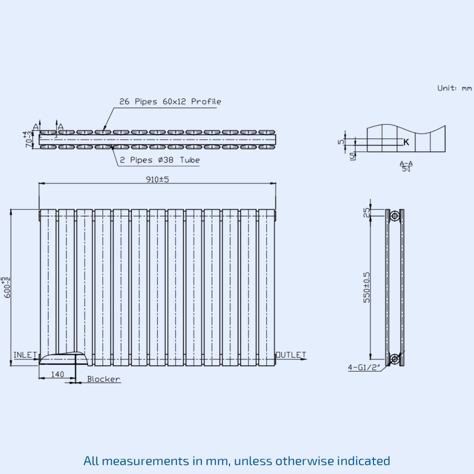 Kartell Boston Double 600mm H x 910mm W Textured Grey Horizontal Designer Radiator - BOS60-91DA