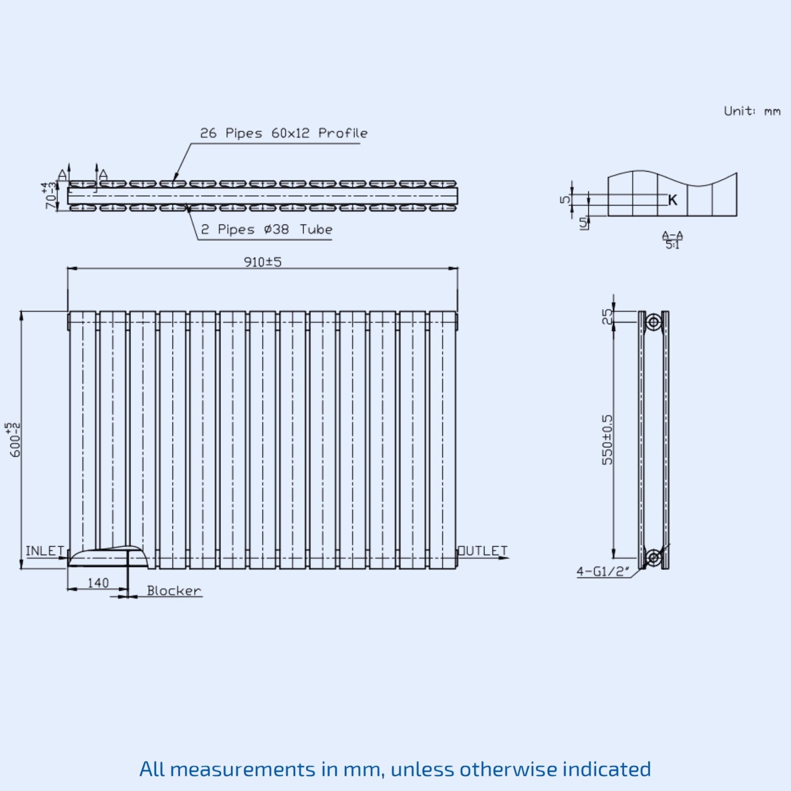 Kartell Boston Double 600mm H x 910mm W White Horizontal Designer Radiator - BOS60-91DW