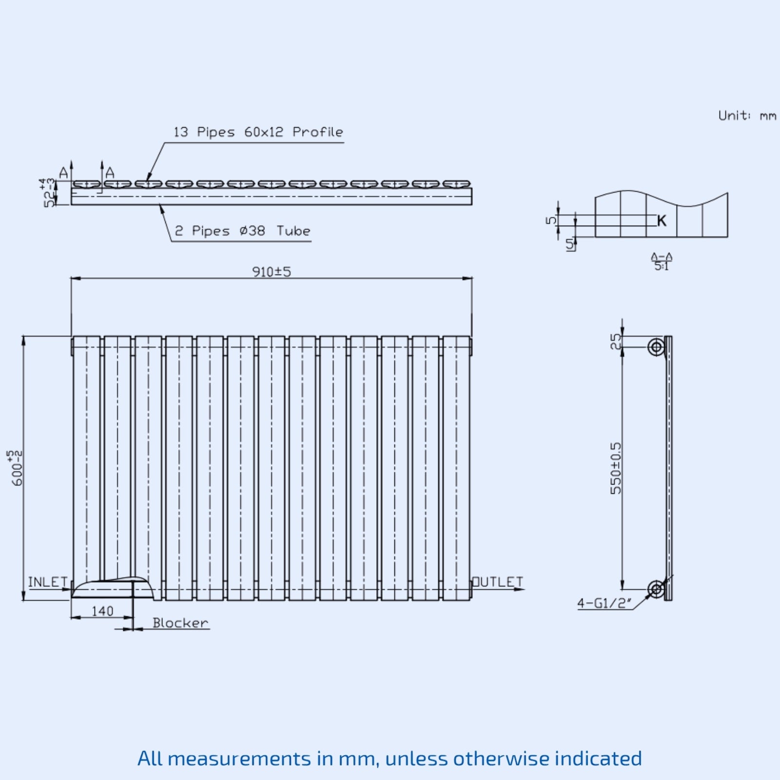 Kartell Boston Single 600mm H x 910mm W Textured Grey Horizontal Designer Radiator - BOS60-91SA