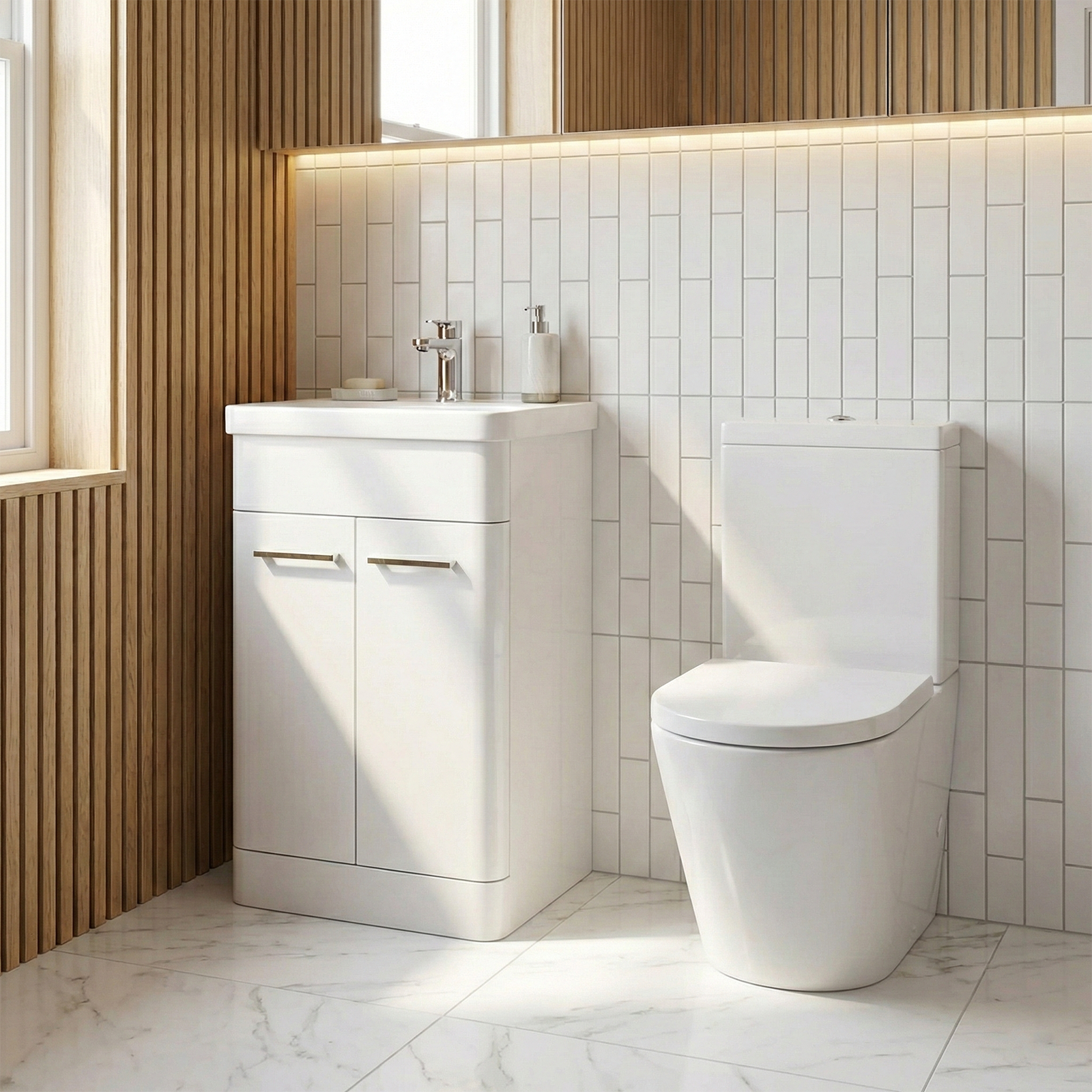 Afern 500mm White Freestanding Vanity Unit with Basin + Oakham Close Coupled Toilet with Soft Close Seat
