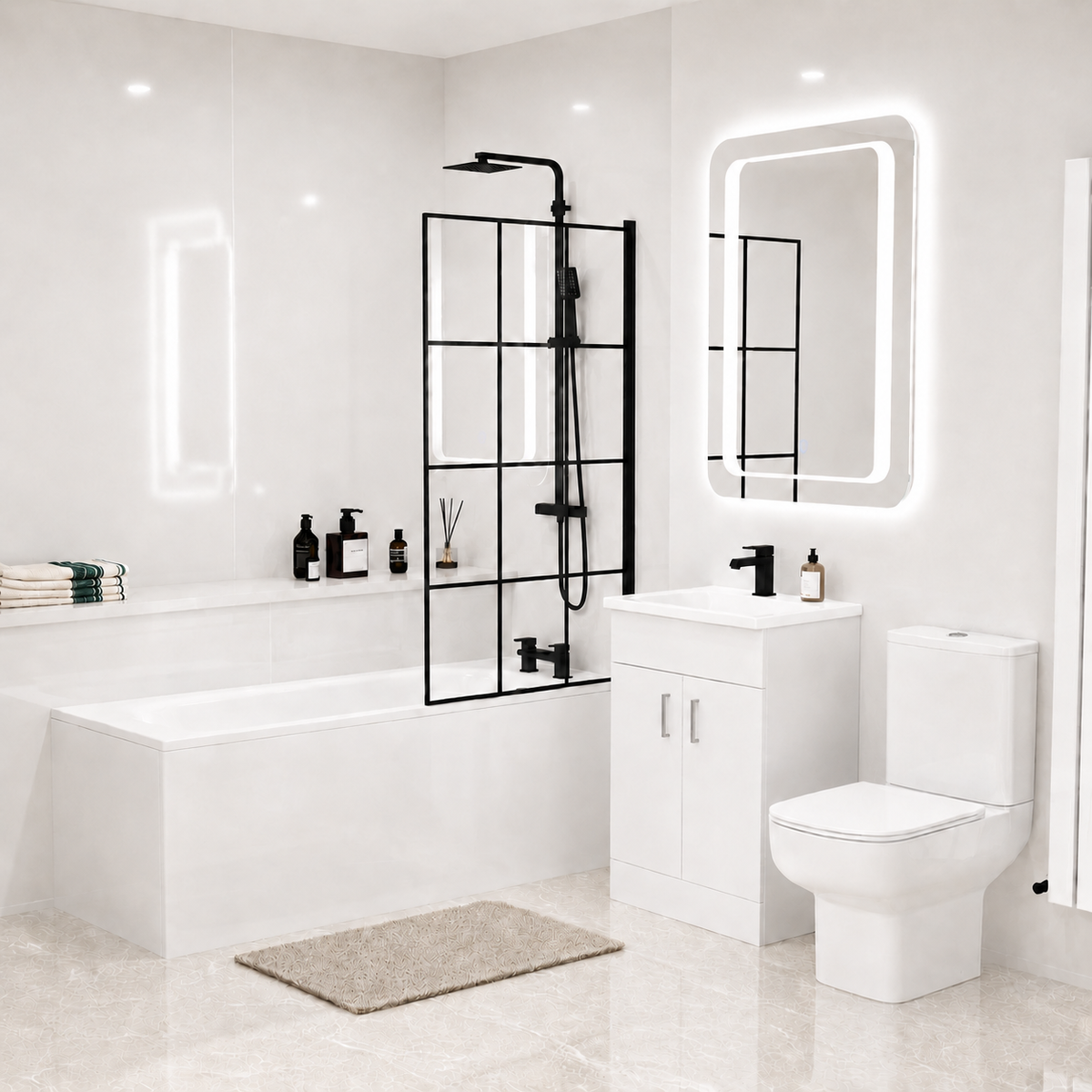 Louie 1600mm Bathtub with Bath Screen, 600mm Vanity & Close Coupled Toilet - Set with Matte Black Fittings