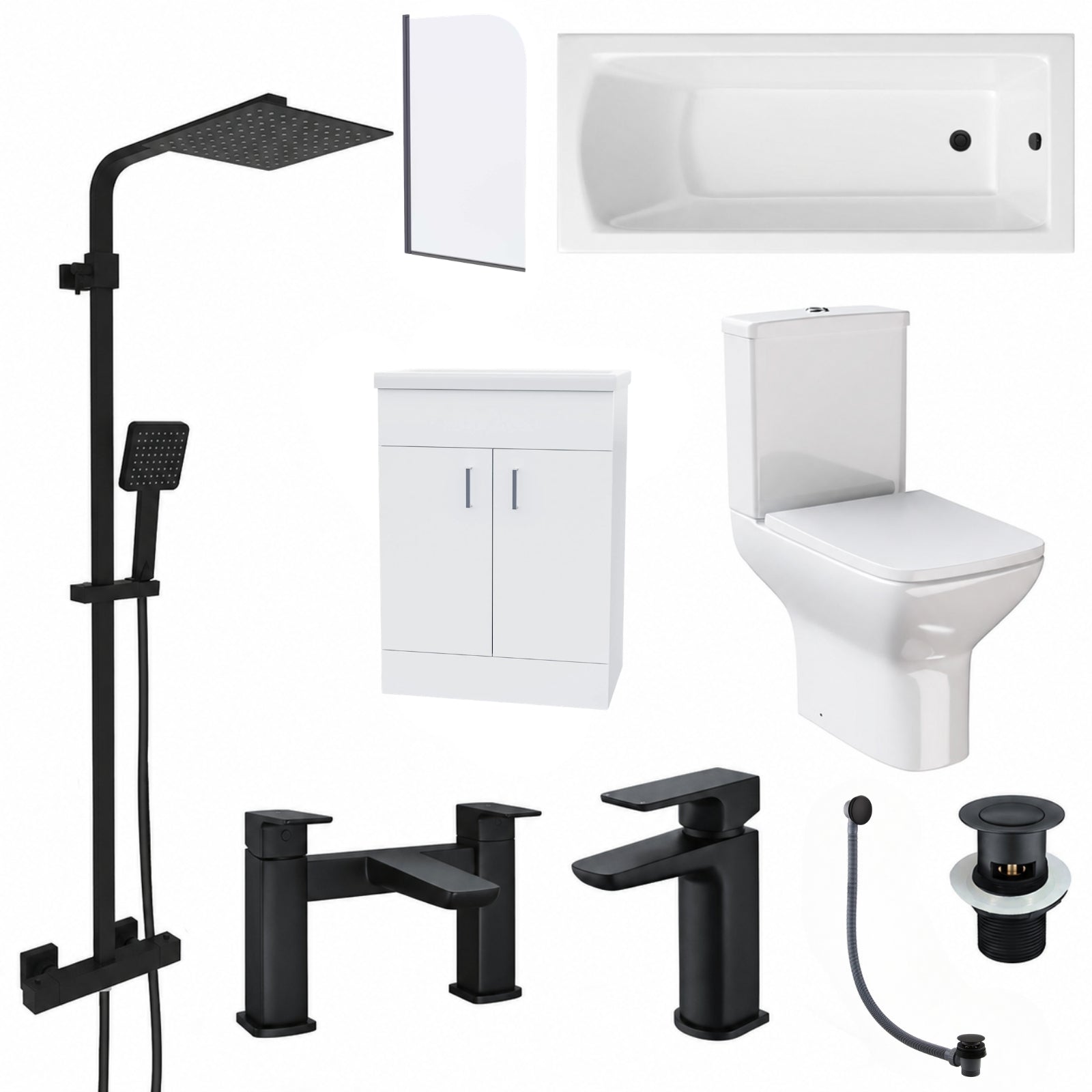 1500mm Bathtub with Bath Screen, 600mm Vanity & Close Coupled Toilet - Set with Matte Black Fittings
