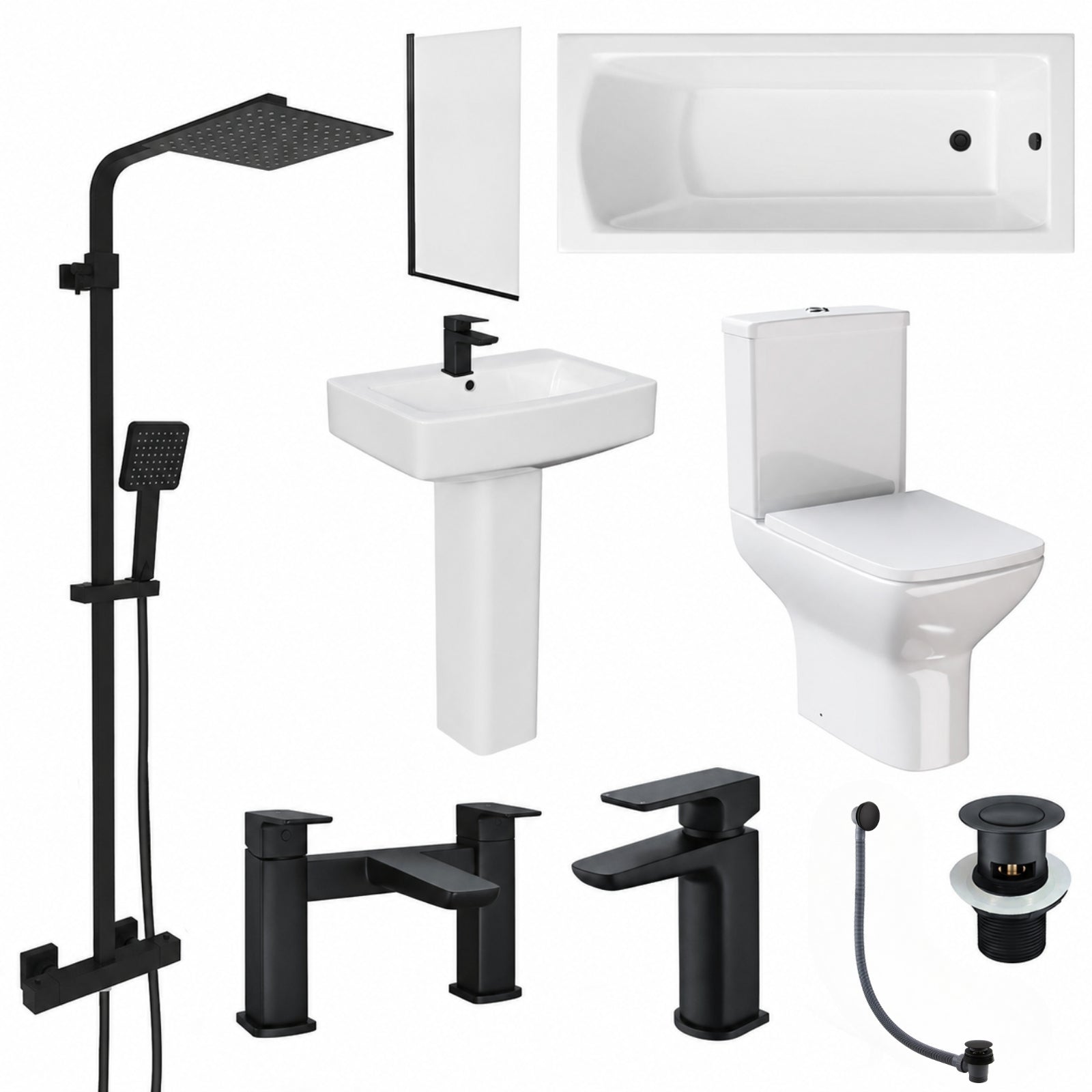 1700mm Bathtub with Bath Screen, 560mm Pedestal Basin & Close Coupled Toilet - Set with Matte Black Fittings