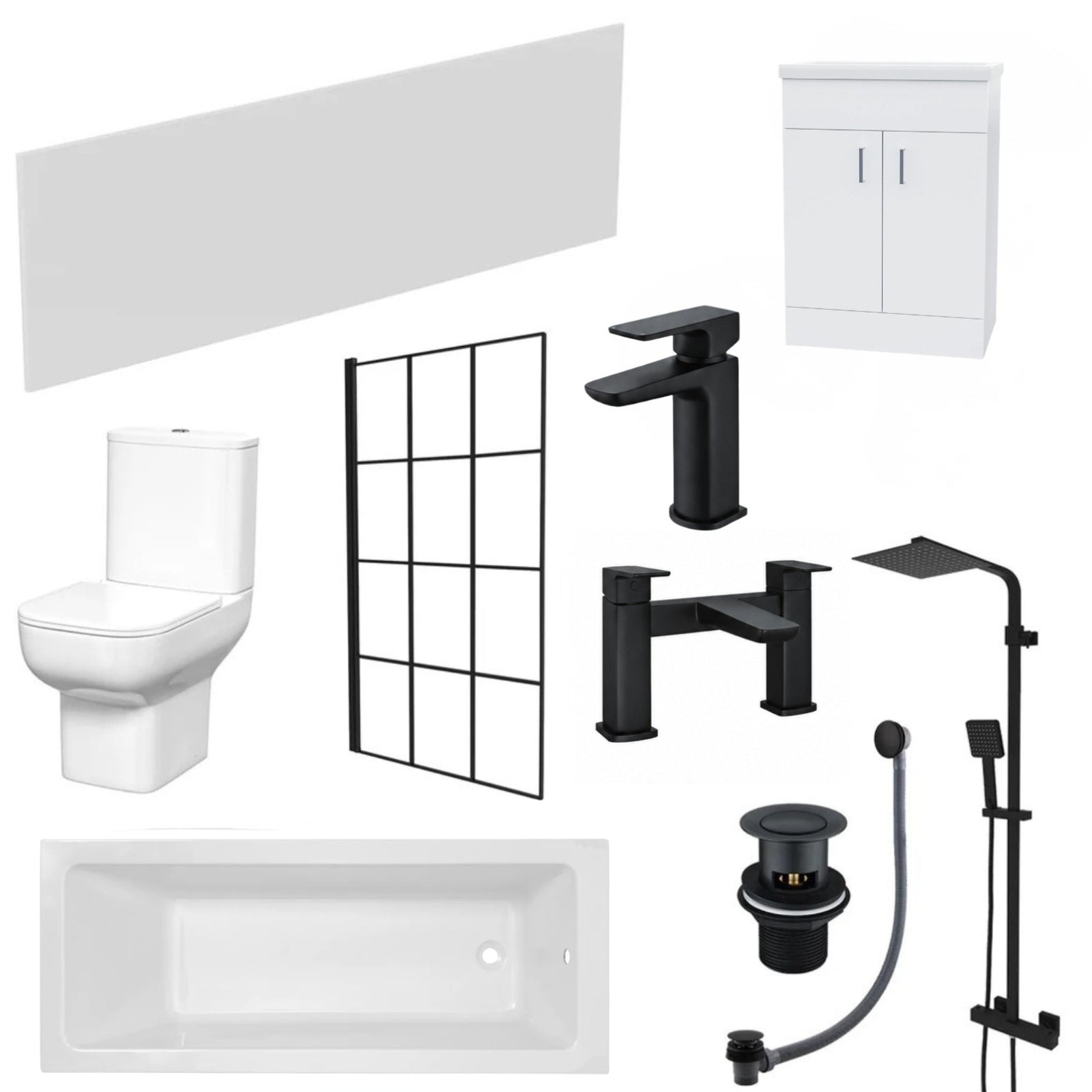 Louie 1600mm Bathtub with Bath Screen, 600mm Vanity & Close Coupled Toilet - Set with Matte Black Fittings