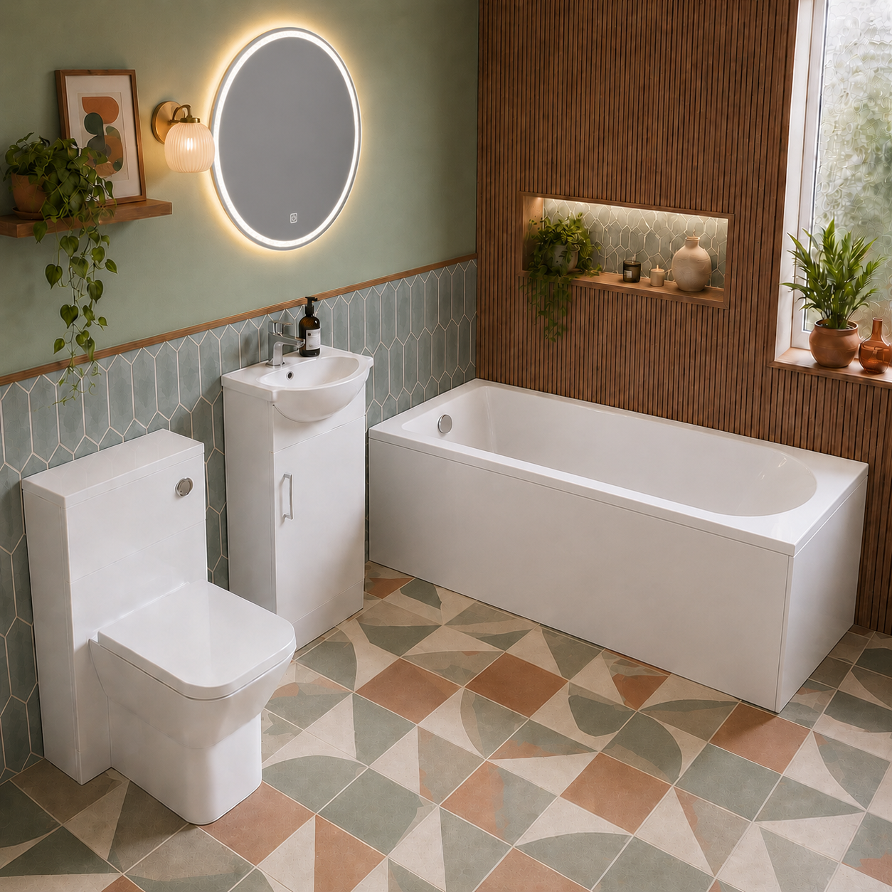 Small Bathroom Suite - Ellen 1500mm Round Bath, 450mm Basin Vanity, WC Unit & Rimless Square BTW Toilet