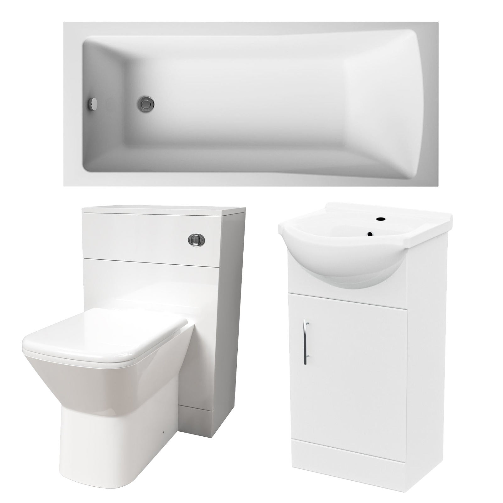 Small Bathroom Suite - Ellen 1400mm Square Bath, 450mm Basin Vanity, WC Unit & Rimless Square BTW Toilet