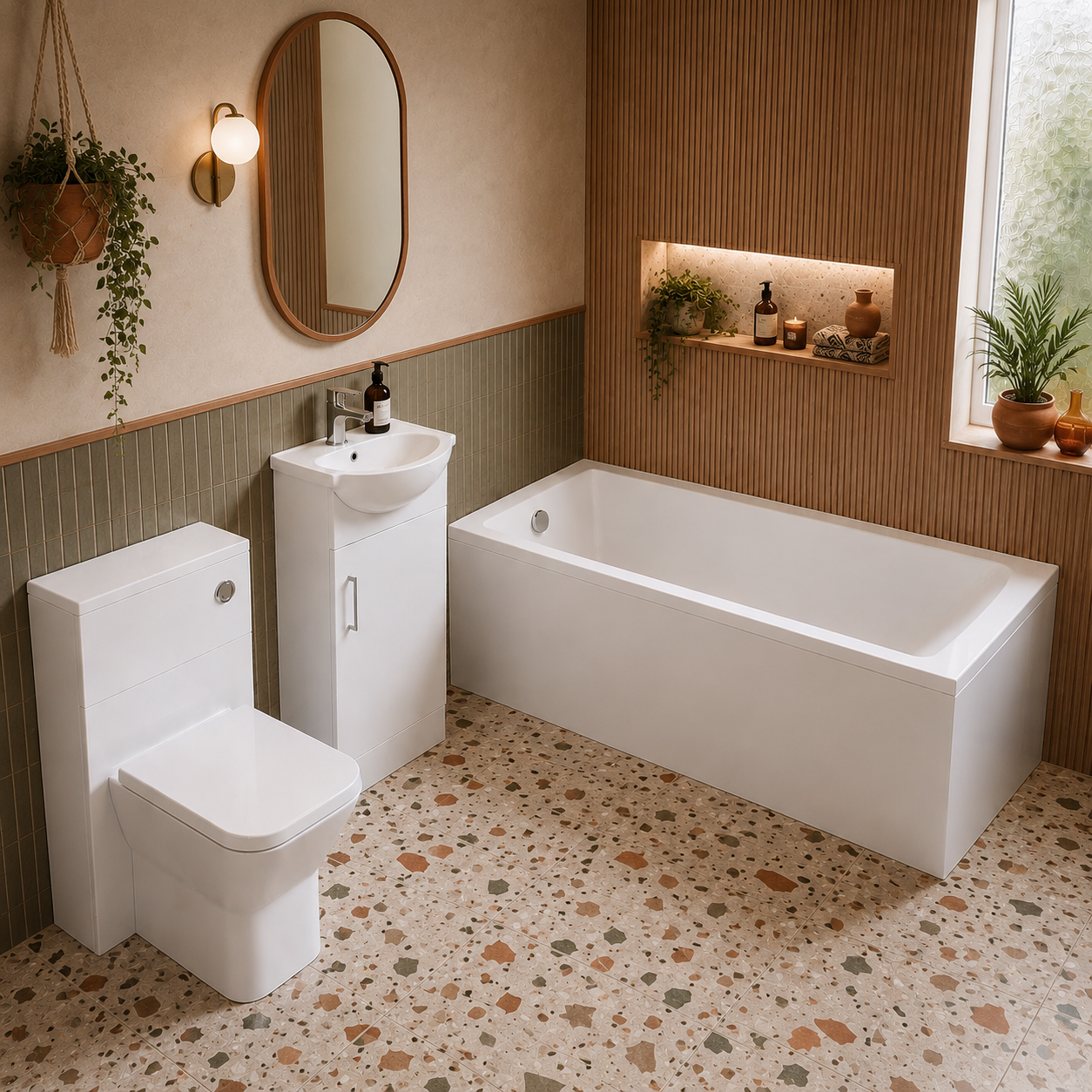 Small Bathroom Suite - Ellen 1400mm Square Bath, 450mm Basin Vanity, WC Unit & Rimless Square BTW Toilet