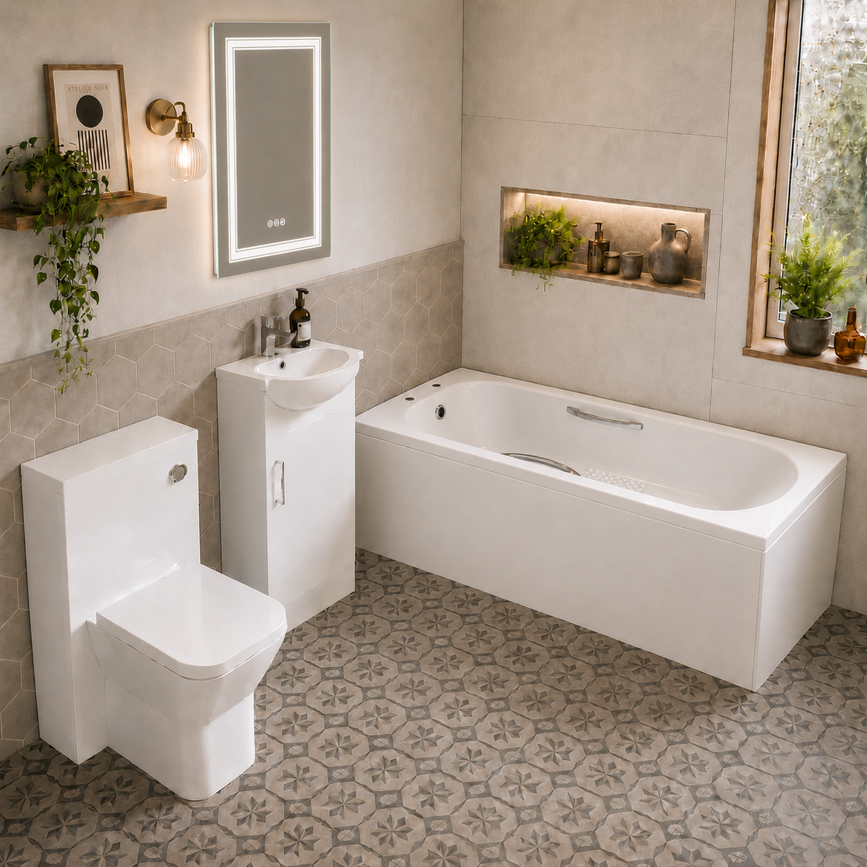 Small Bathroom Suite - Ellen 1500mm Steel Bath, 450mm Basin Vanity, WC Unit & Rimless Square BTW Toilet