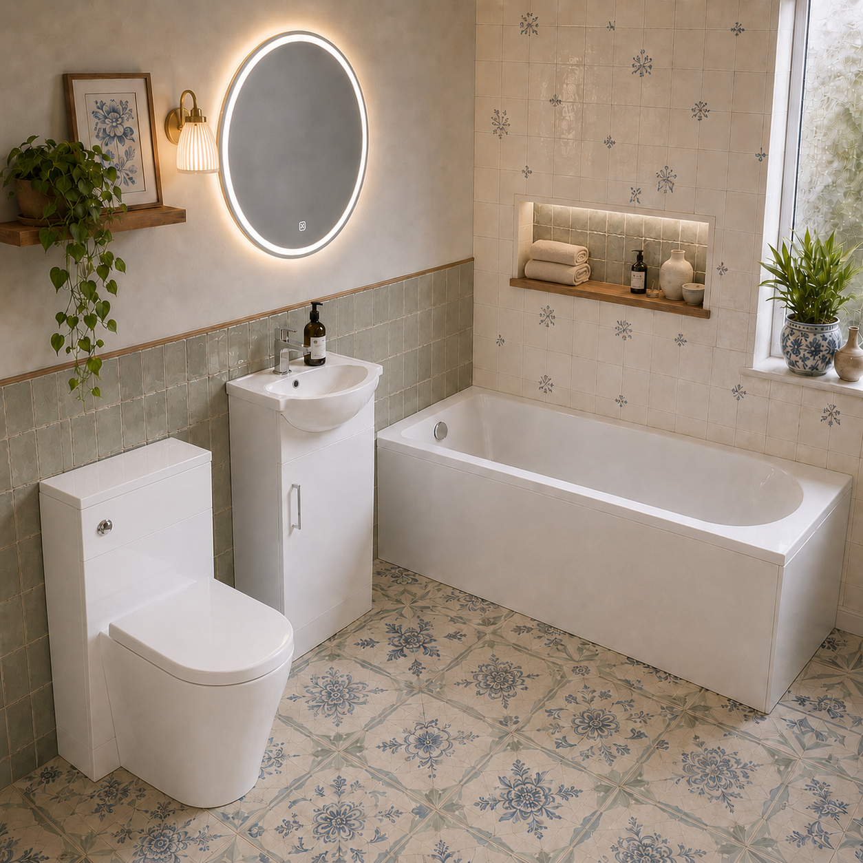 Small Bathroom Suite - Ellen 1500mm Round Bath, 450mm Basin Vanity, WC Unit & BTW Toilet