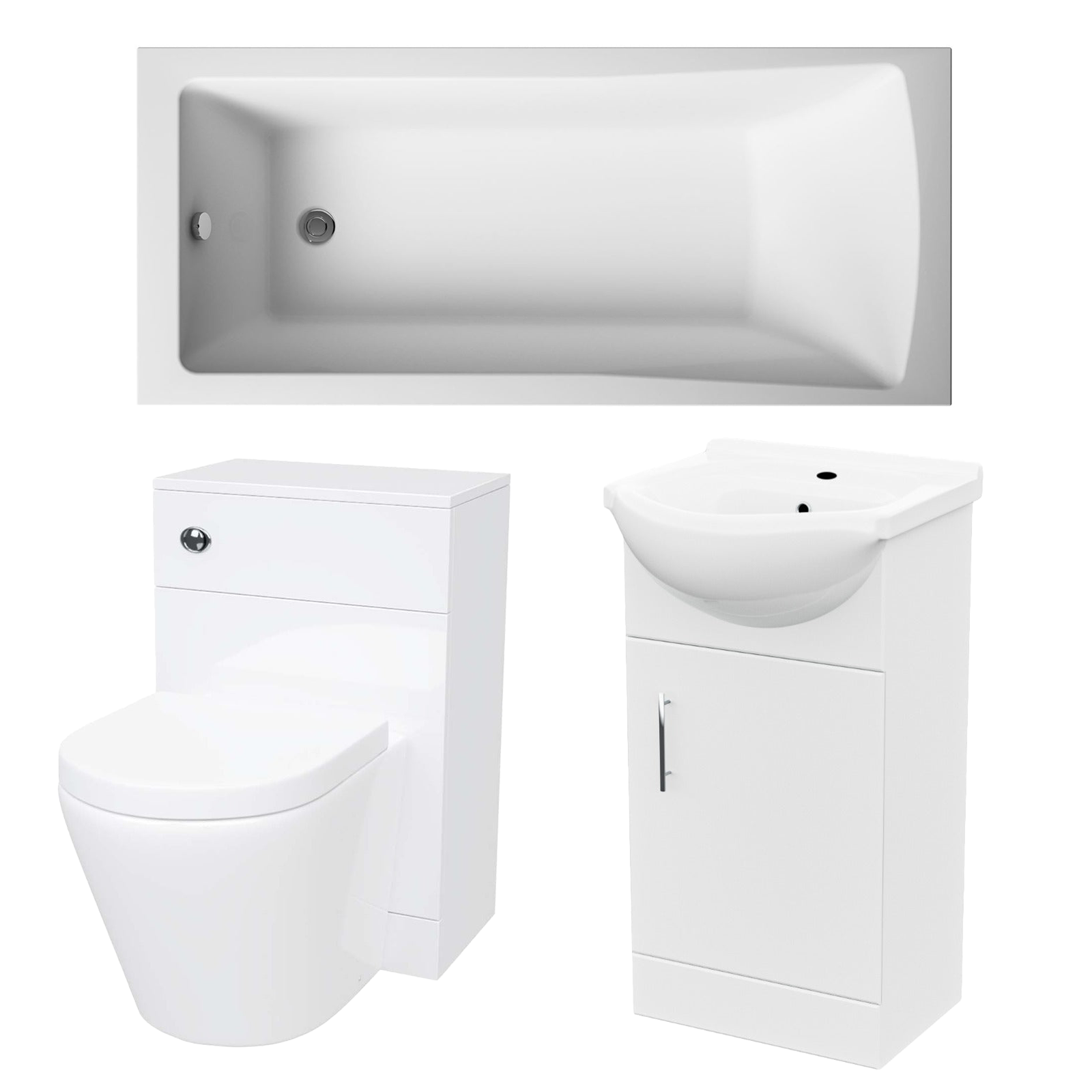Small Bathroom Suite - Ellen 1400mm Square Bath, 450mm Basin Vanity, WC Unit & BTW Toilet