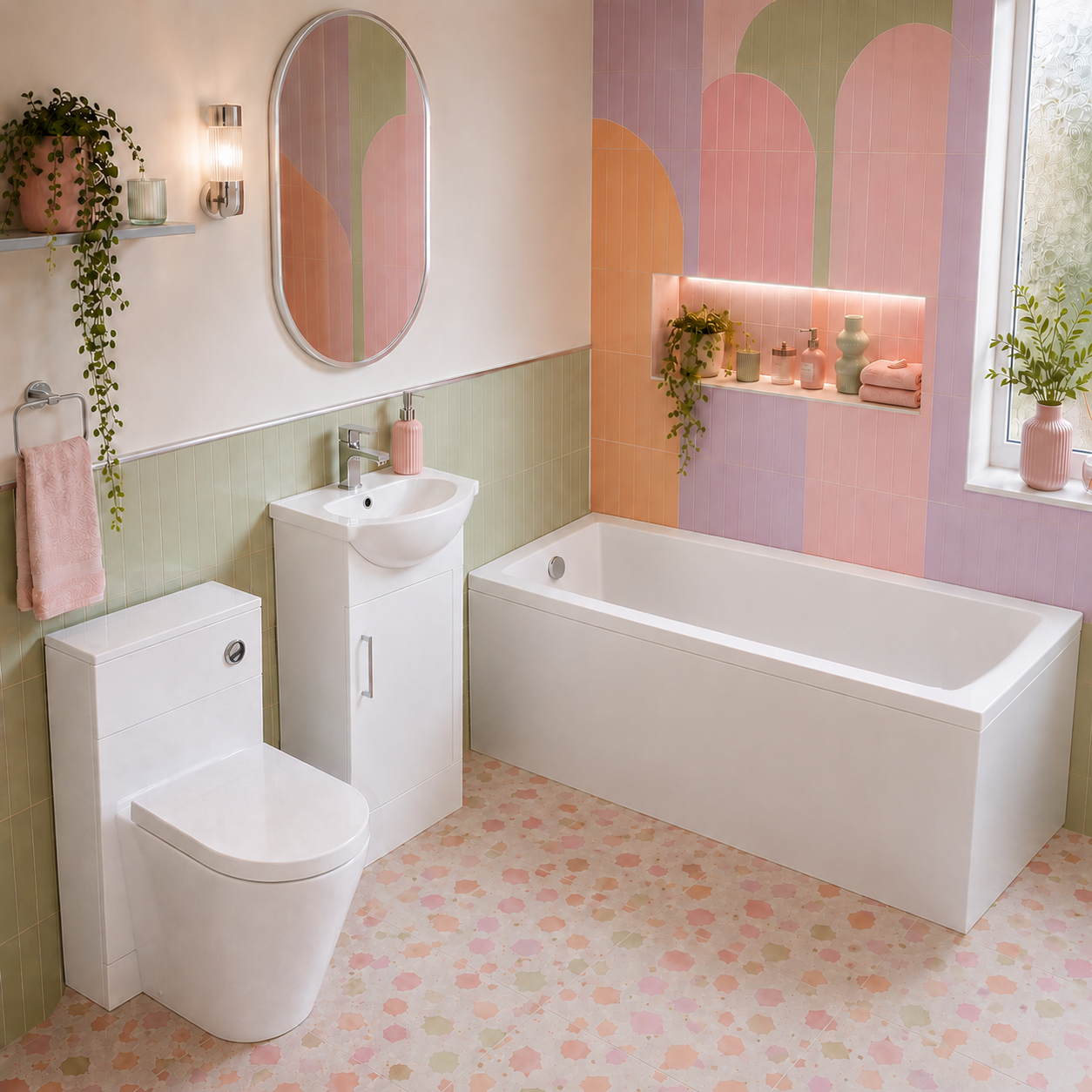Small Bathroom Suite - Ellen 1400mm Square Bath, 450mm Basin Vanity, WC Unit & BTW Toilet