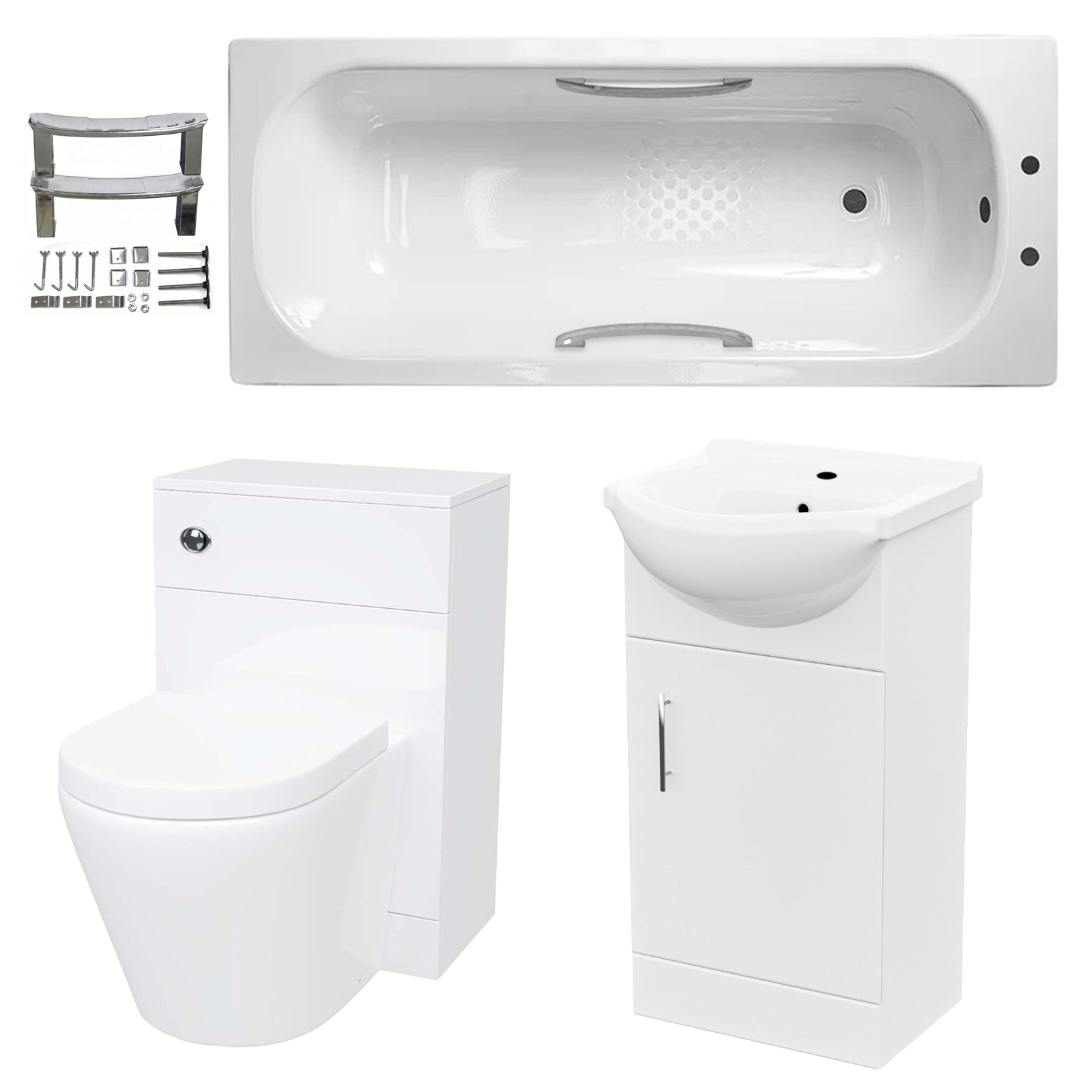 Small Bathroom Suite - Ellen 1500mm Steel Bath, 450mm Basin Vanity, WC Unit & BTW Toilet