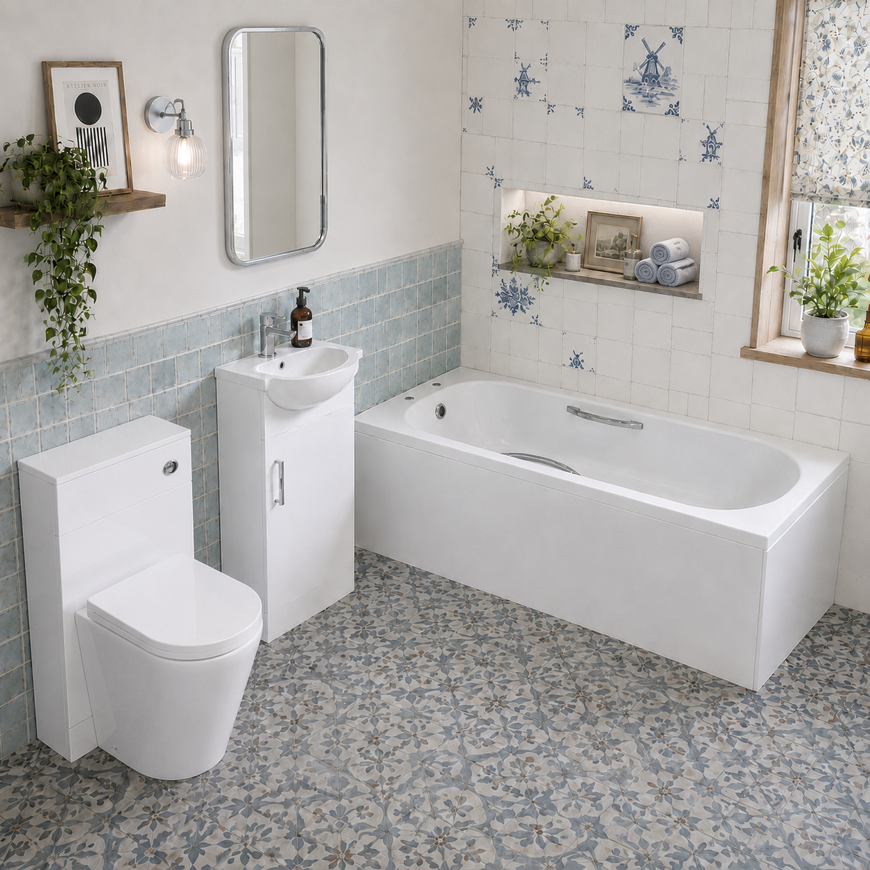 Small Bathroom Suite - Ellen 1500mm Steel Bath, 450mm Basin Vanity, WC Unit & BTW Toilet