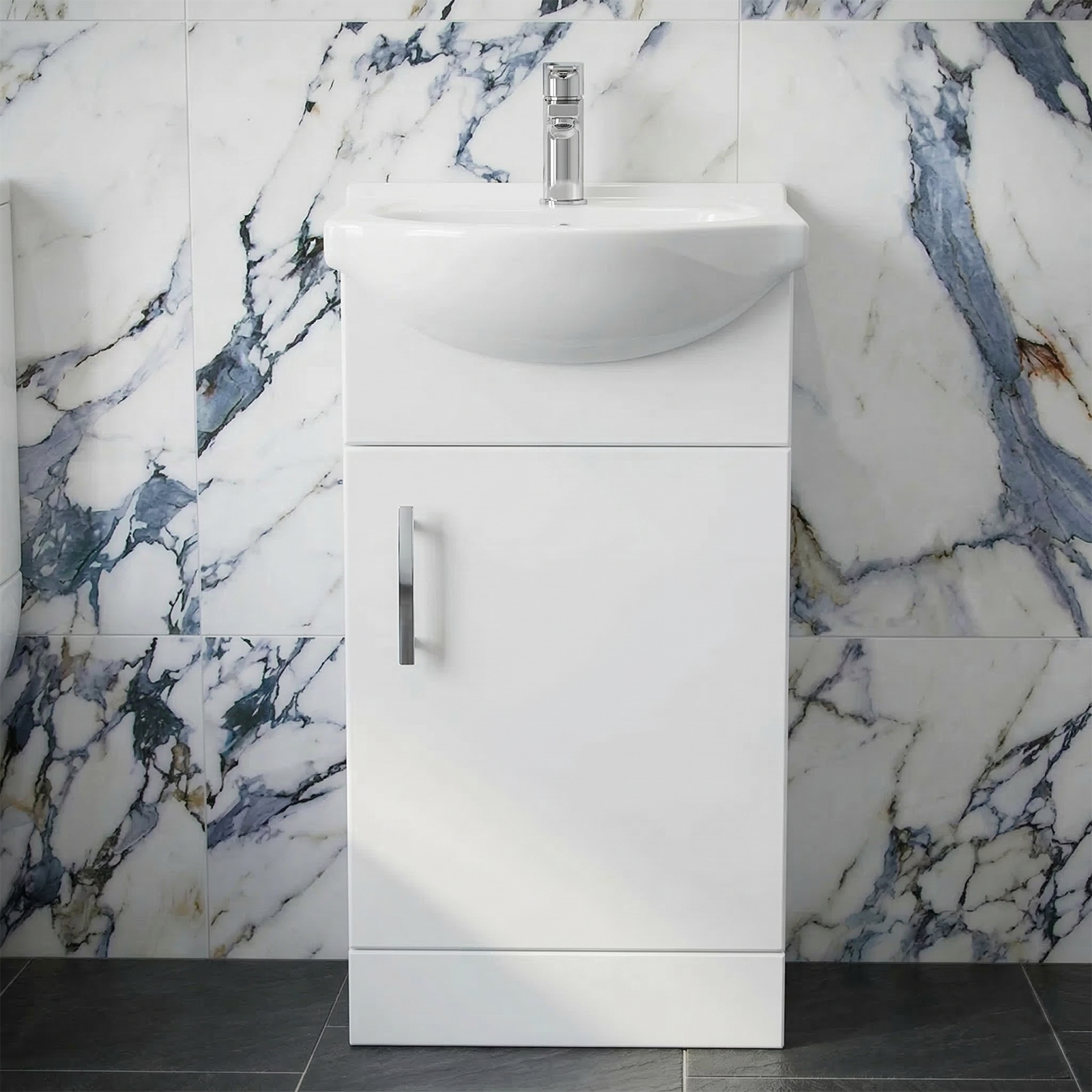 Ellen Cloakroom 450mm White Gloss Cloakroom Floorstanding Vanity Basin Unit & Close Coupled Toilet with Soft Close Seat
