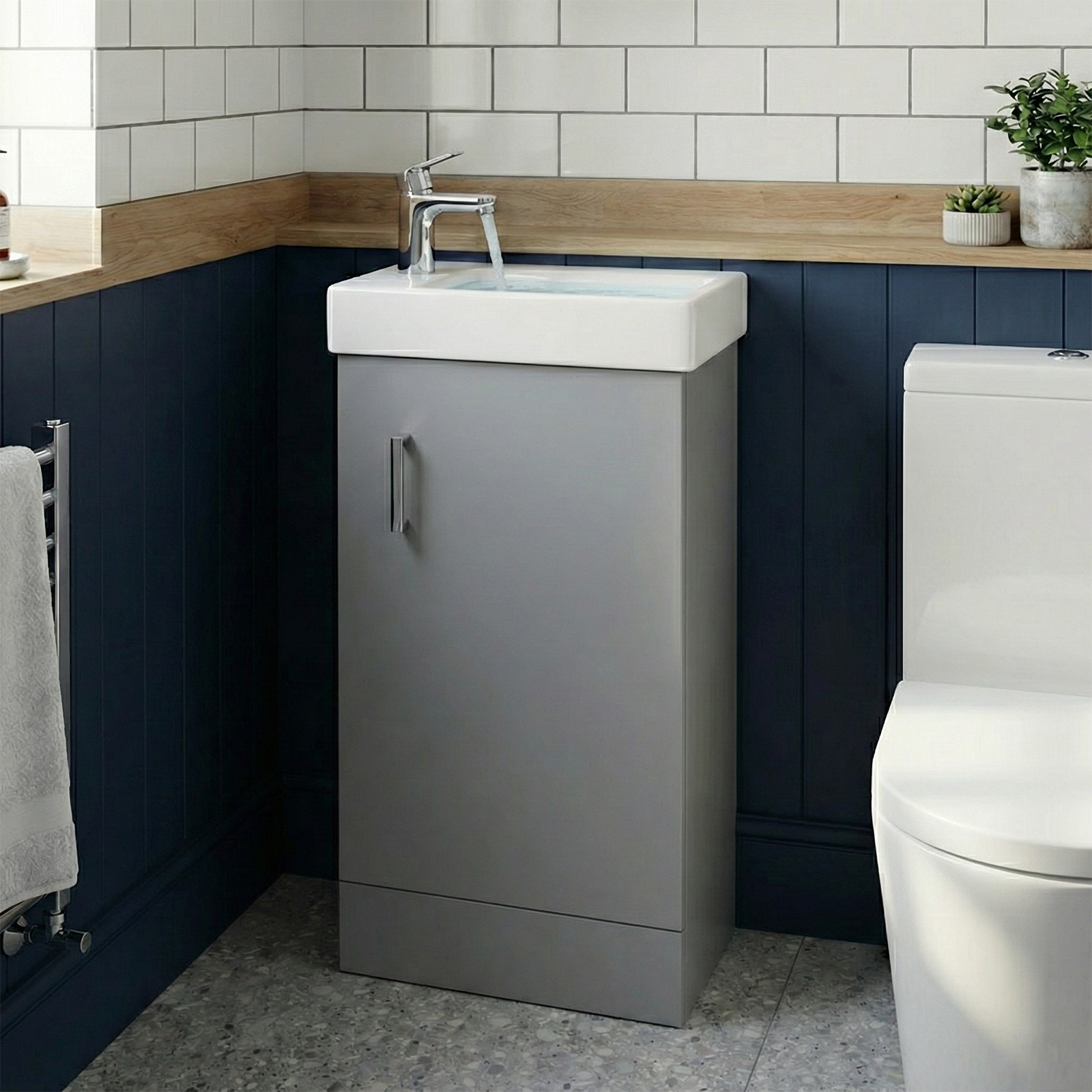 Nanuya 400mm Matte Grey Freestanding Vanity Unit Cabinet with Basin + Oakham Close Coupled Toilet with Soft Close Seat