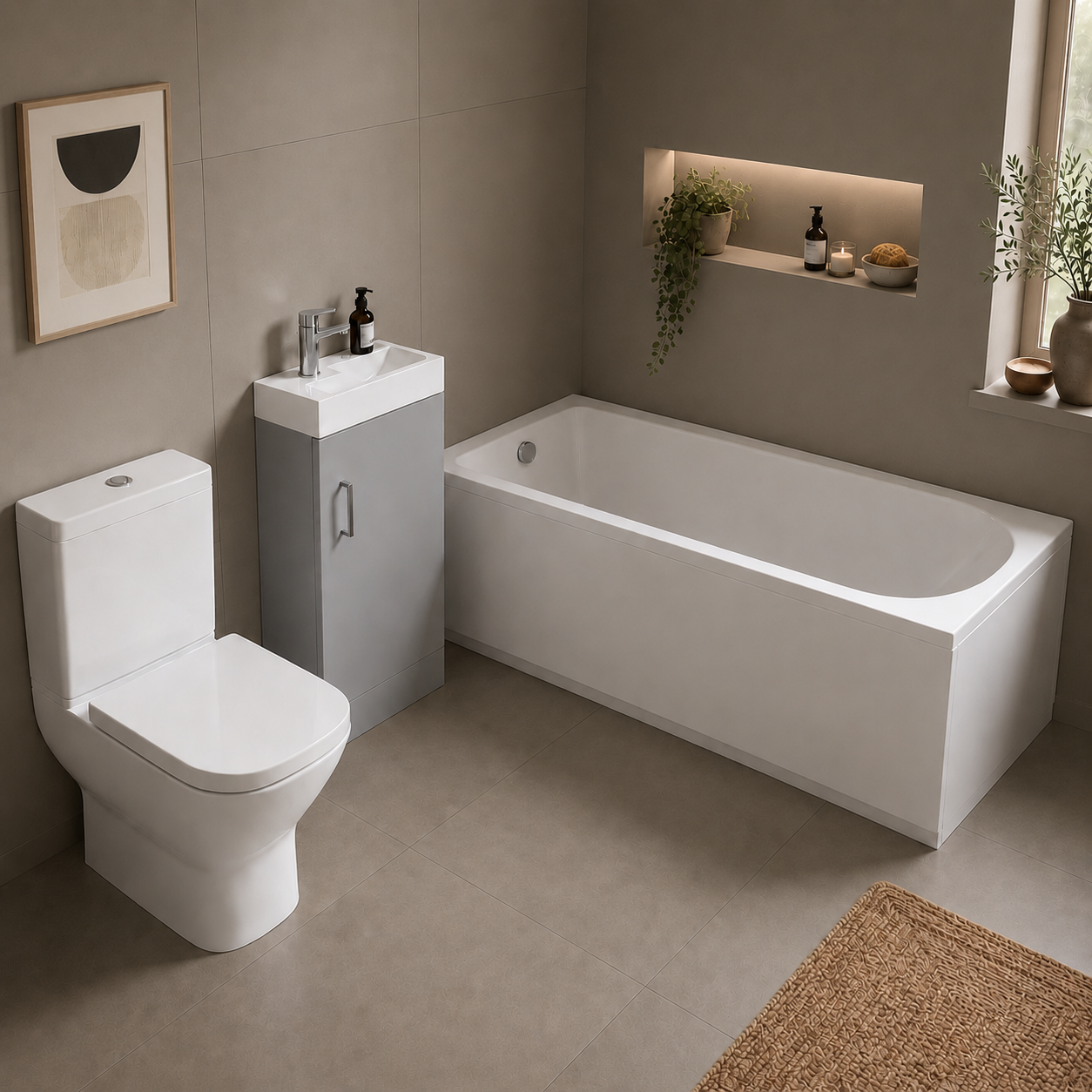 Small Bathroom Suite - Nanuya 400mm Matt Grey Cloakroom Basin Vanity Unit with Close Coupled Toilet & 1500mm Standard Round Single Ended Bath