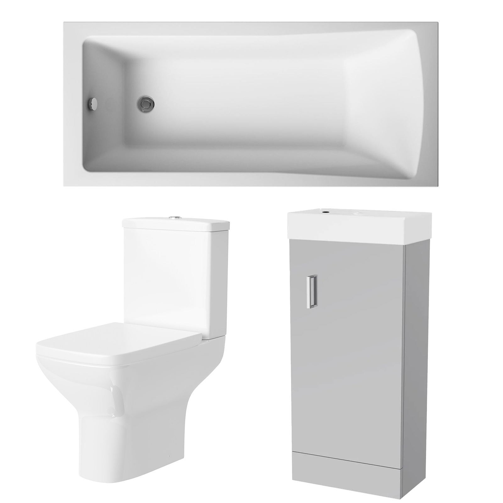 Small Bathroom Suite - Nanuya 400mm Matt Grey Cloakroom Basin Vanity Unit with Close Coupled Toilet & 1400mm Square Single Ended Bath