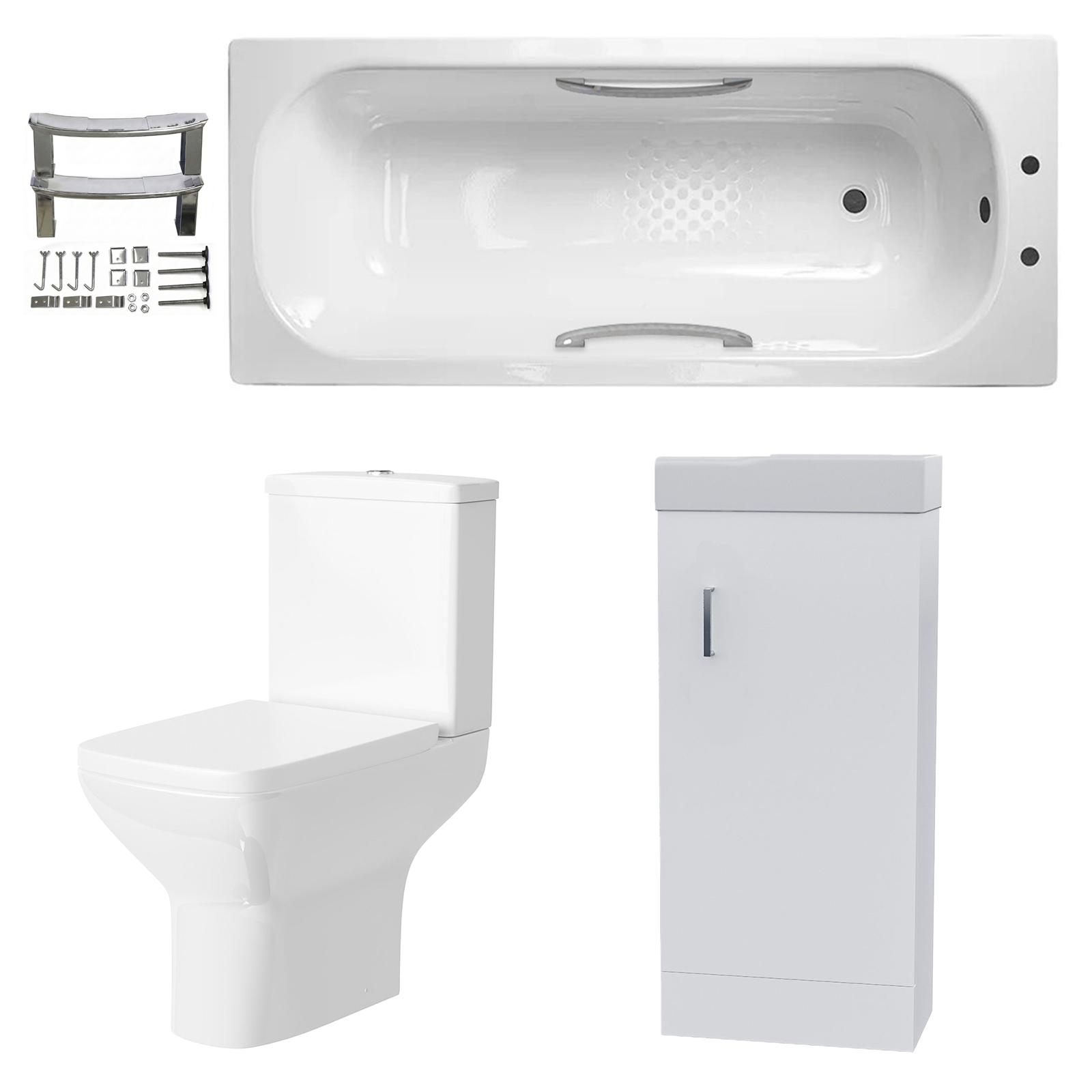 Small Bathroom Suite - Nanuya 400mm White Cloakroom Basin Vanity Unit with Close Coupled Toilet & 1500mm Steel Enamel Bath with Handles