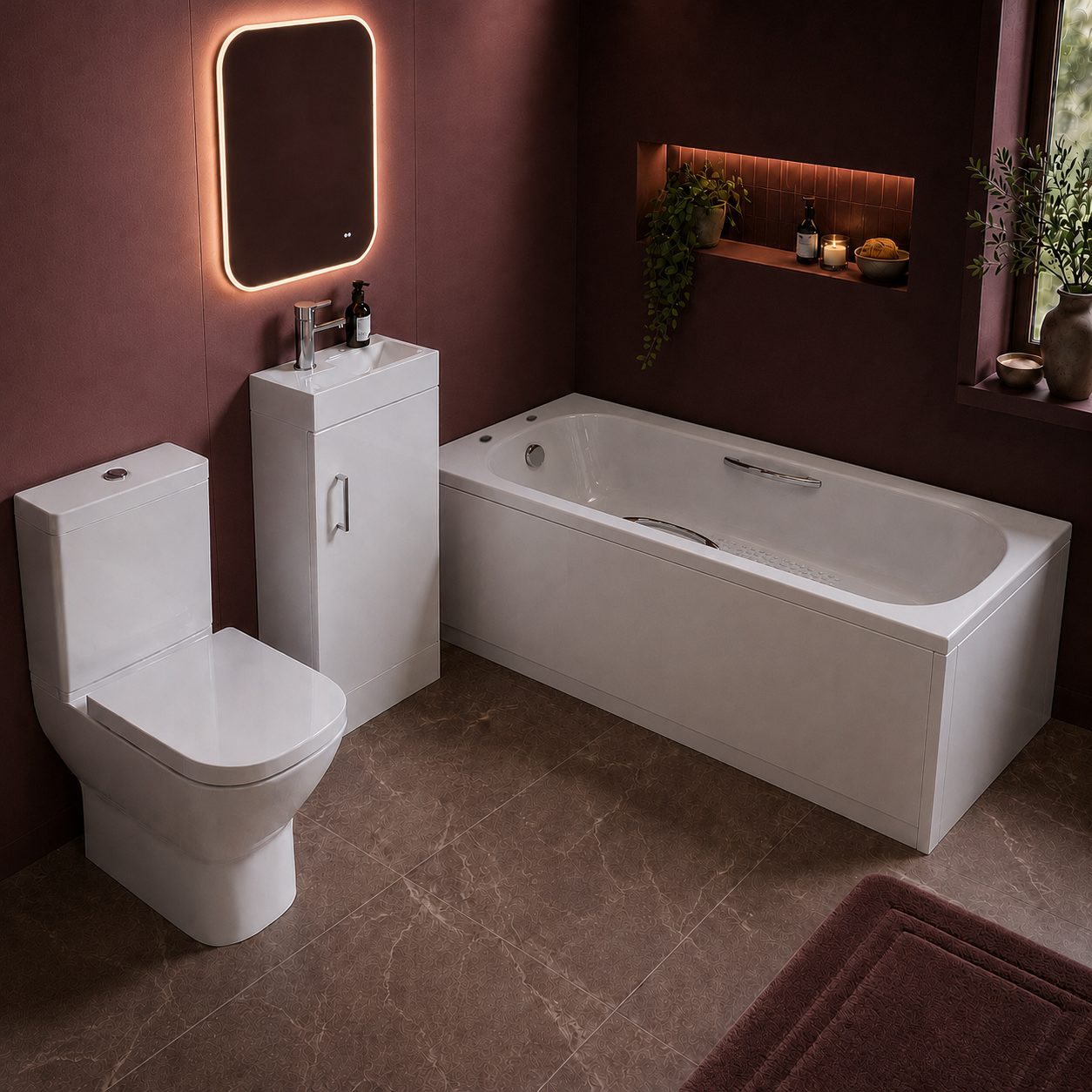 Small Bathroom Suite - Nanuya 400mm White Cloakroom Basin Vanity Unit with Close Coupled Toilet & 1500mm Steel Enamel Bath with Handles