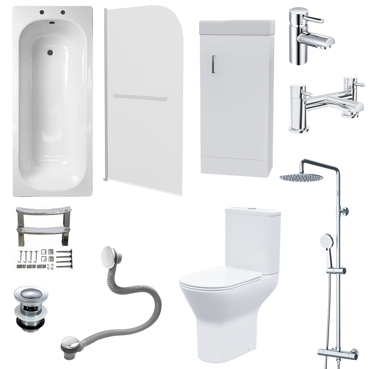 Small Bathroom Suite - Nanuya 1500mm Steel Enamel Bath with Screen, 400mm Basin Vanity & Close Coupled Toilet with Chrome Fittings Set