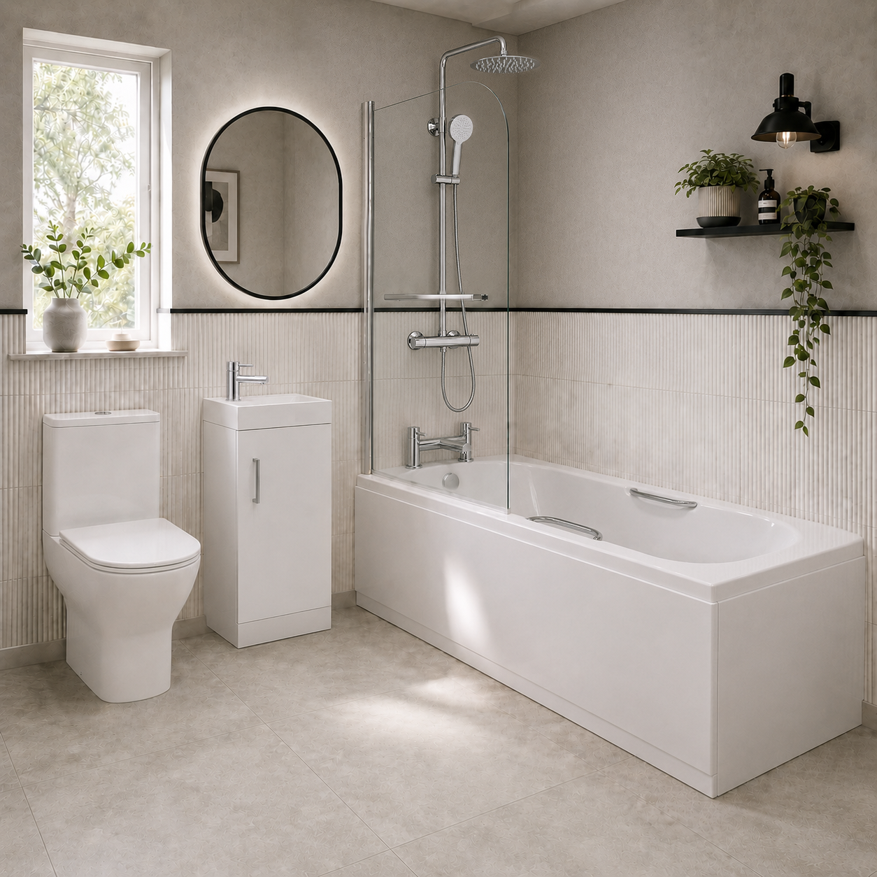 Small Bathroom Suite - Nanuya 1500mm Steel Enamel Bath with Screen, 400mm Basin Vanity & Close Coupled Toilet with Chrome Fittings Set